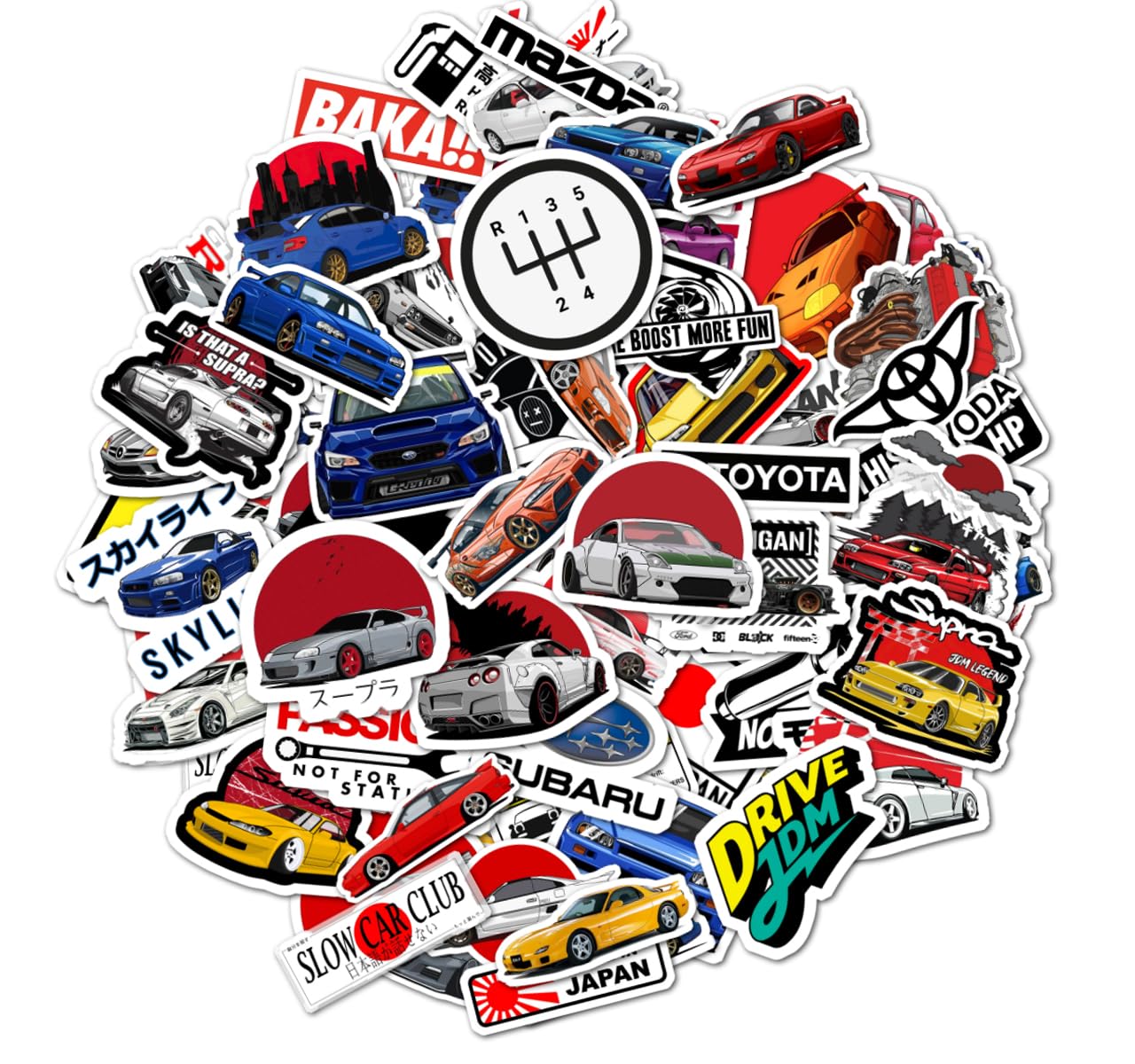 Pack of 55 JDM Cars Stickers for Laptop, Journal, Bike Helmet, Diary, Guitar, Mobile Case - Waterproof Residue Free Stickers - Japanese Racing Cars