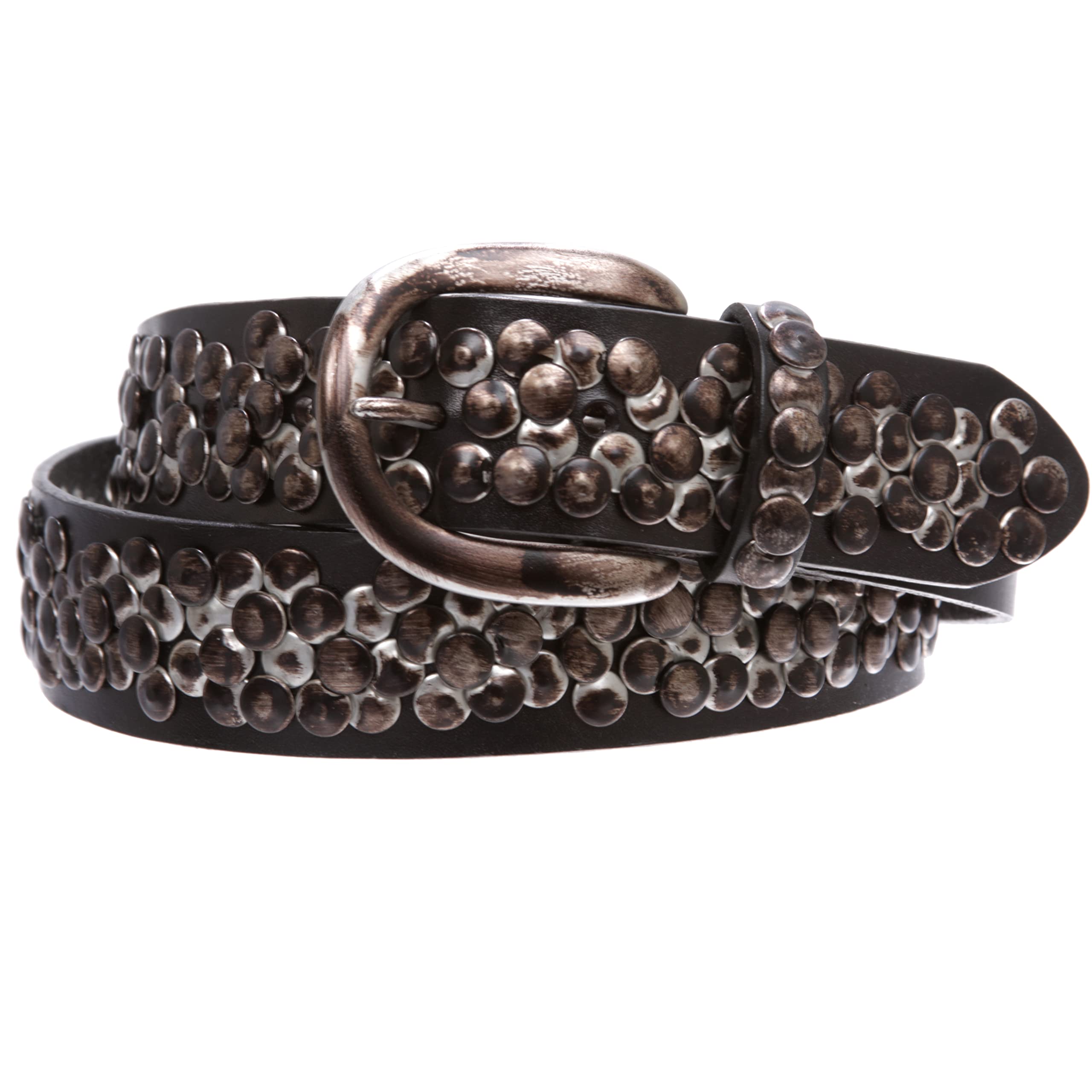 Women's Vintage Cowhide Nail heads Multi Layer Circle Studded Leather Jean Belt, Black | xl-39