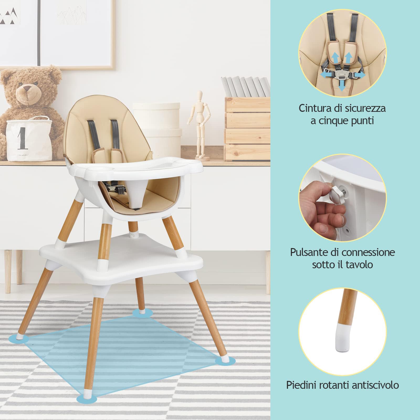 RELAX4LIFE 4 in 1 Seggiolone Pappa, Seggiolone Evolutivo con Vassoio Rimovibile e Cintura di Sicurezza, Altezza Regolabile in 4 Posizioni, per Bambini e Neonati 6-36 Mesi (Classico, Beige)