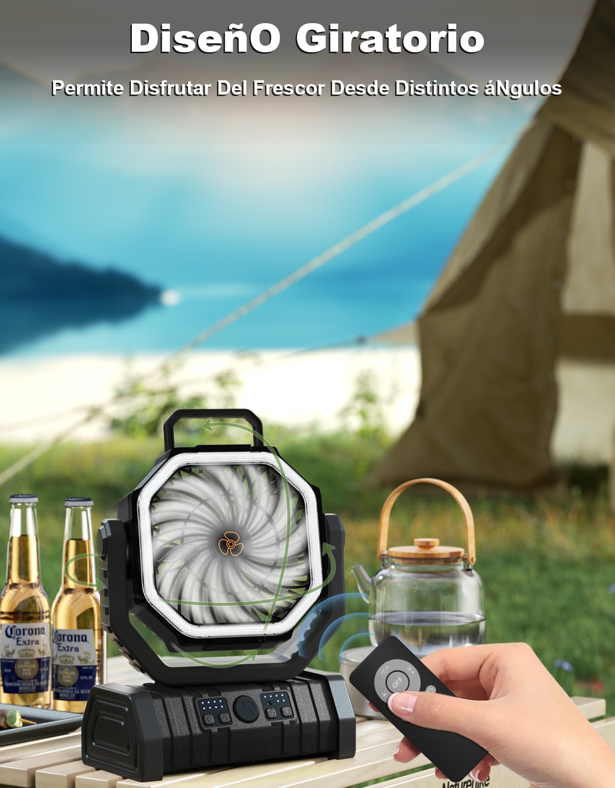 Richday Ventilador Camping 20000mAh, Ventilador Portatil Recargable, Ventilador USB de mesa con batería,Control Remoto, 270° de rotación,Luz LED, para Oficinas Dormitorio Tienda Camping Viaje