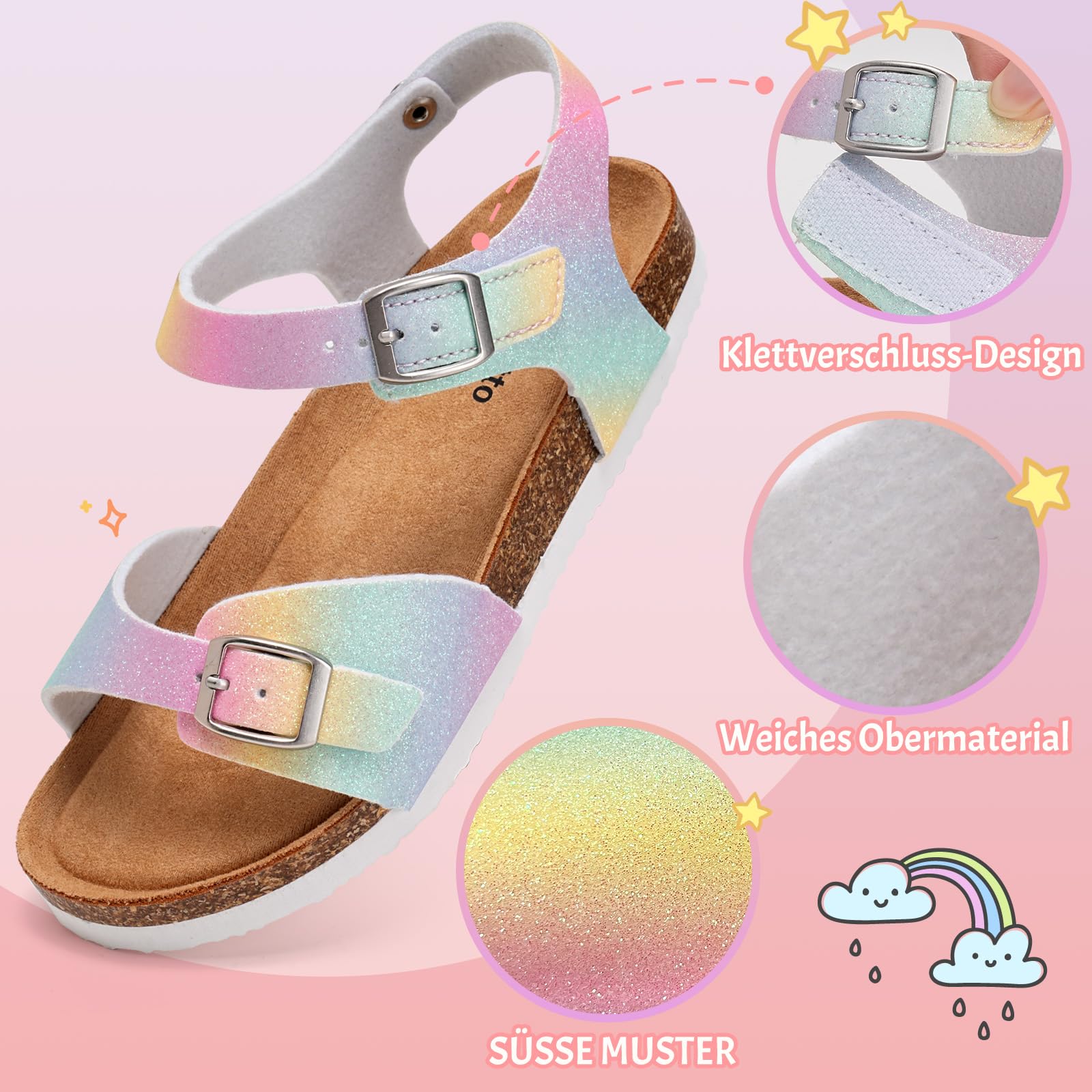 Torotto Sandalen Mädchen Jungen Mit Kork Sandals Kinder Pantoffeln Riemen Verstellbare Schnalle Rutschfeste Mit Klettverschluss Sandaletten für Drinnen und Draußen