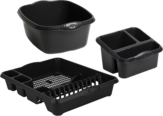JMS we create smile Midnight Black 3-Piece Kitchen Set - Rectangular Washing Up Bowl, Sink Tidy and Large Dish Drainer-Made in UK