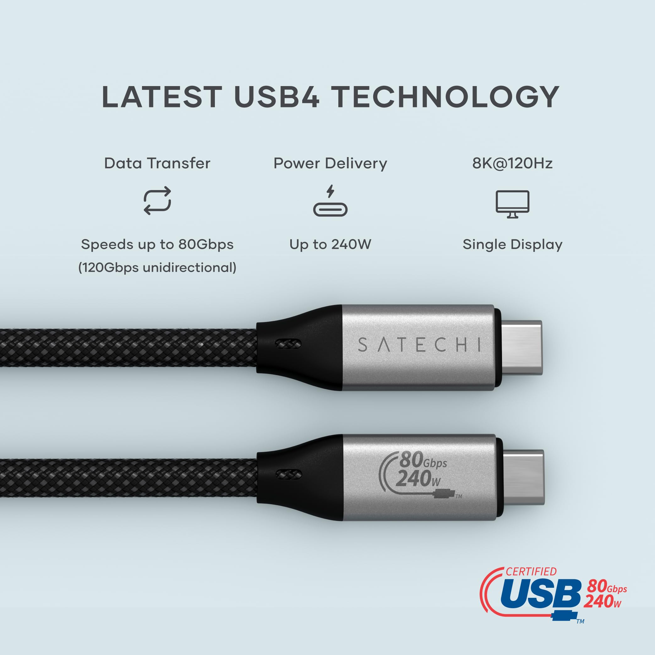 Satechi Cavo USB4 V2 Pro di Ricarica Rapida PD 240W con Lunghezza 1,2 m, Dati fino a 120Gbps, USB-C a USB-C, Risoluzione 8K@60Hz – 4K@120Hz, Thunderbolt 5/4/3 per MacBook Air/Pro/Neo