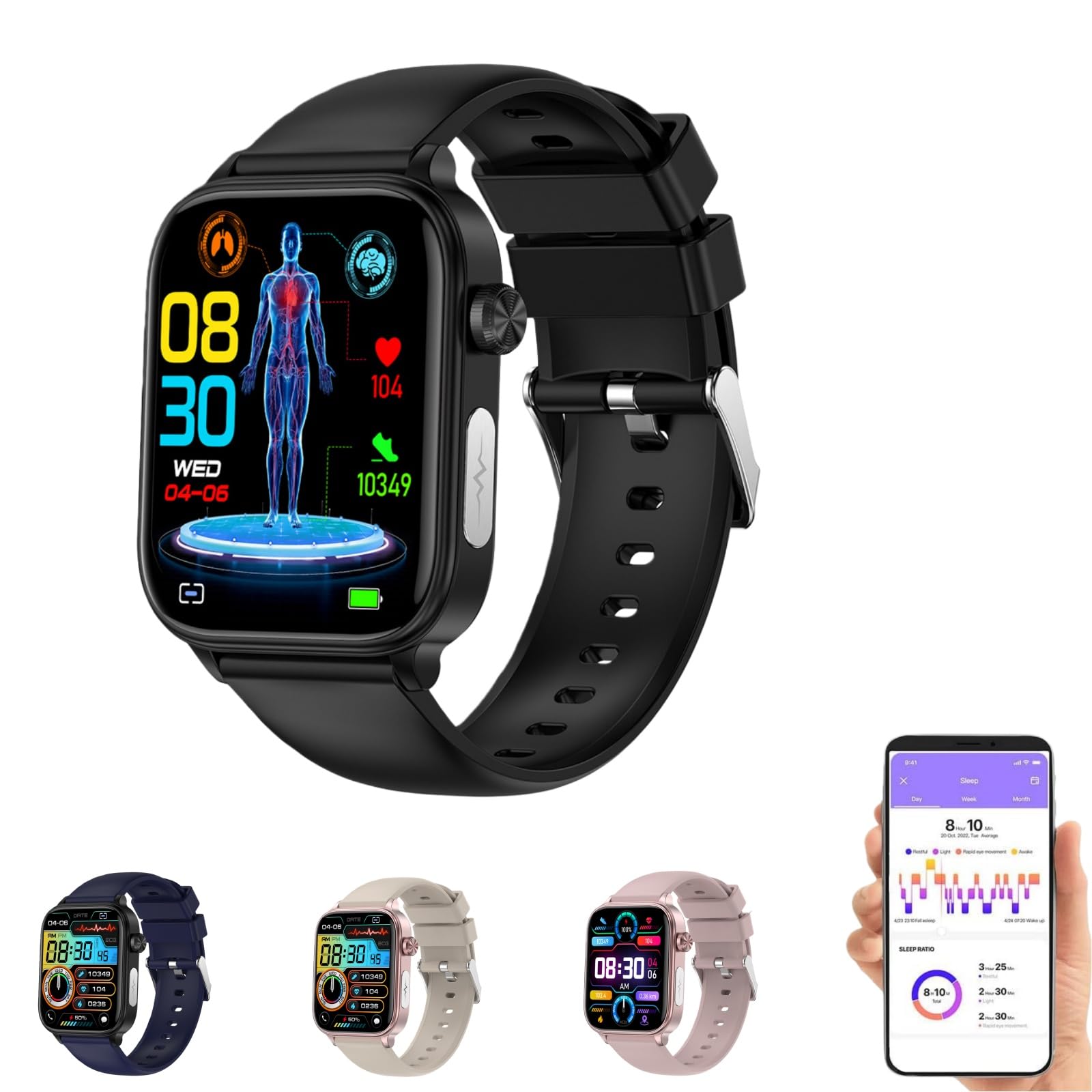 GlucoCare SOS— Smartwatch Mit GPS Sportuhr Mit Blutdruckmessung & EKG Herzfrequenz Körpertemperatur Bluetooth-Anrufe Nachrichten Android/iOS-Kompatibel (Schwarz)