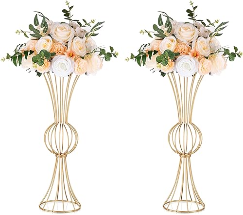 NUPTIO Jarrón de metal dorado, 2 piezas de 23.6 pulgadas de alto geométrico trompeta para bodas, decoraciones de mesa y decoración del hogar