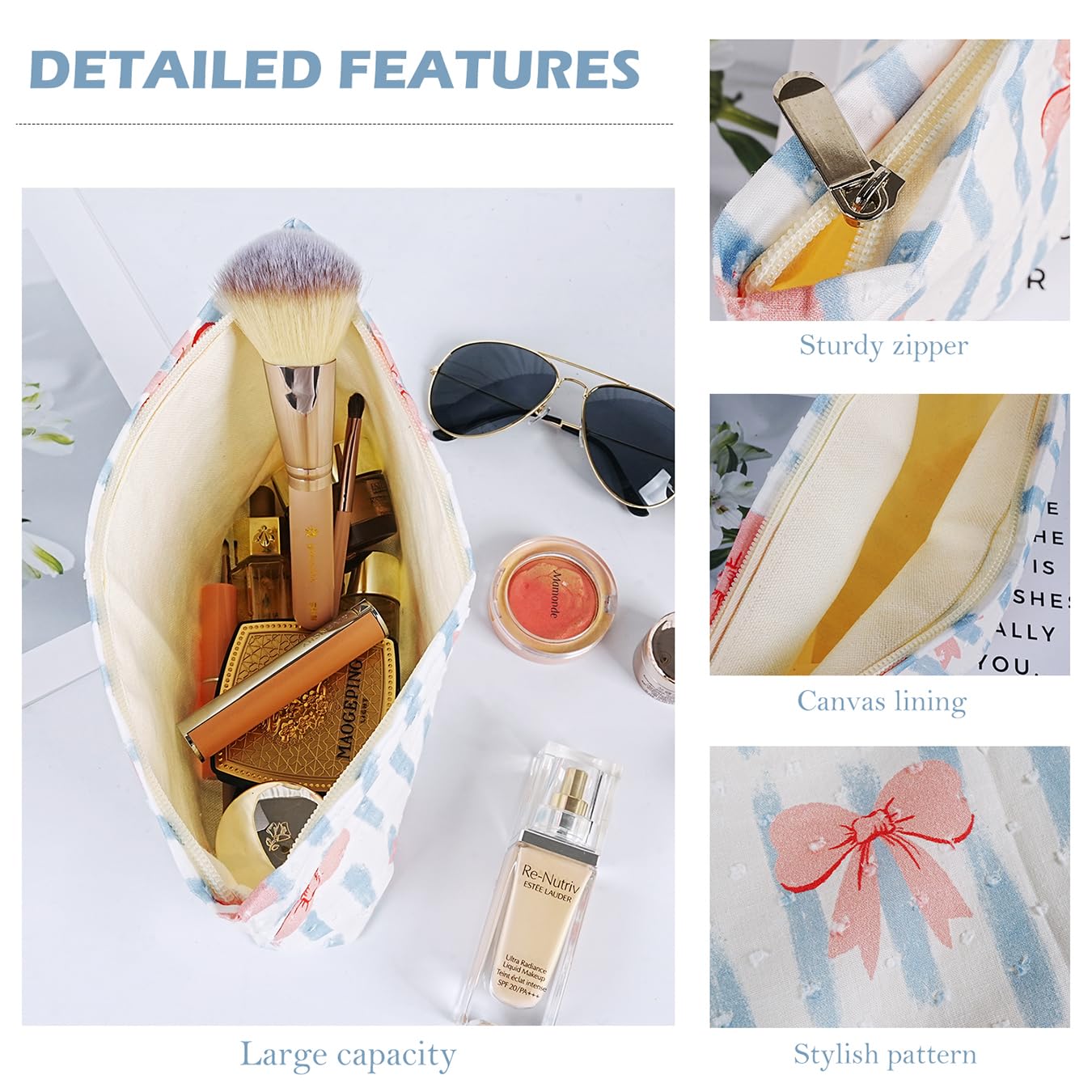 Large Makeup Bag for Purse Blue Stripe Pink Bow Cosmetic Bag for Women Girls Cute Pink Bowknot Canvas Travel Toiletry Bag Organizer - Image 4