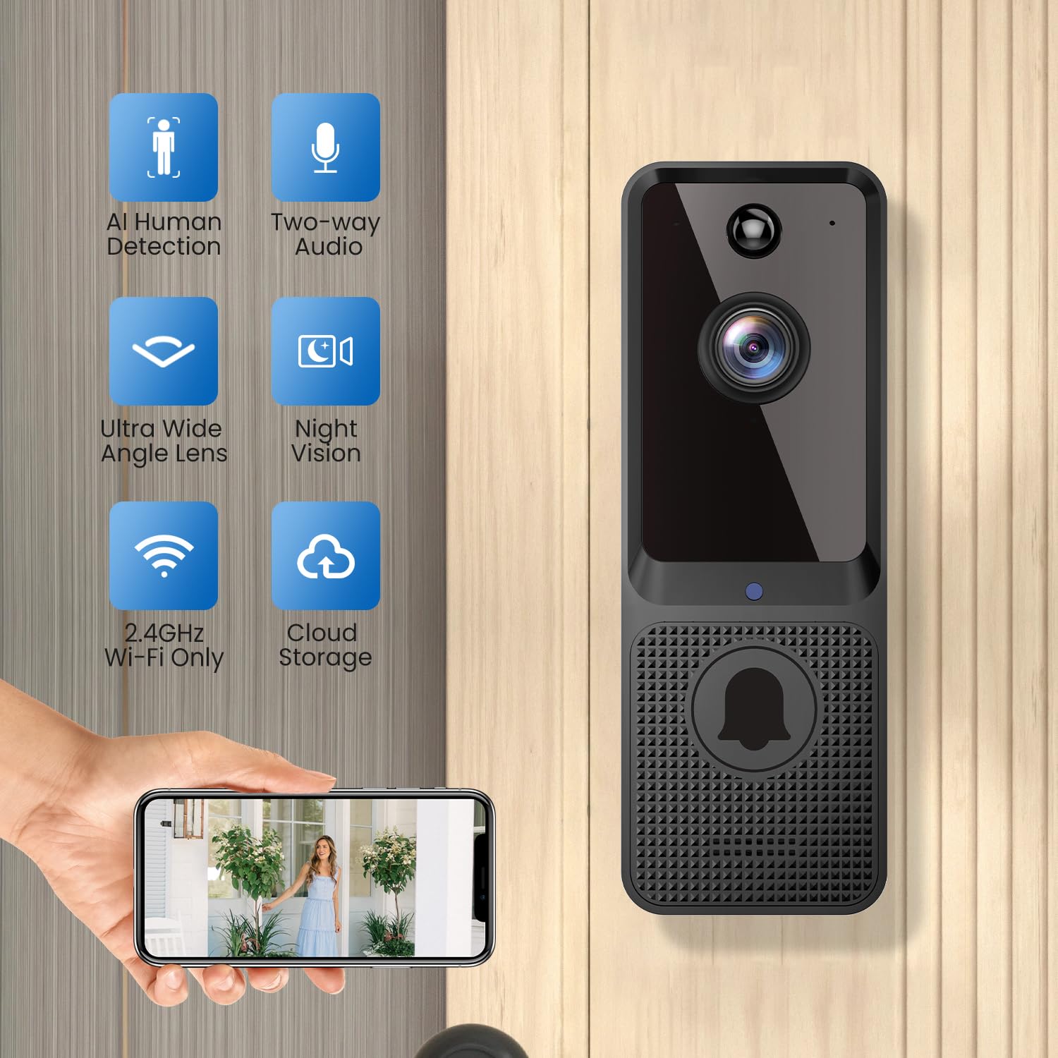 guggre Campanello video wireless con suoneria acustica, sicurezza migliorata con rilevamento umano AI, audio a 2 vie, visione notturna HD, archiviazione cloud AES-128, avvisi in tempo reale