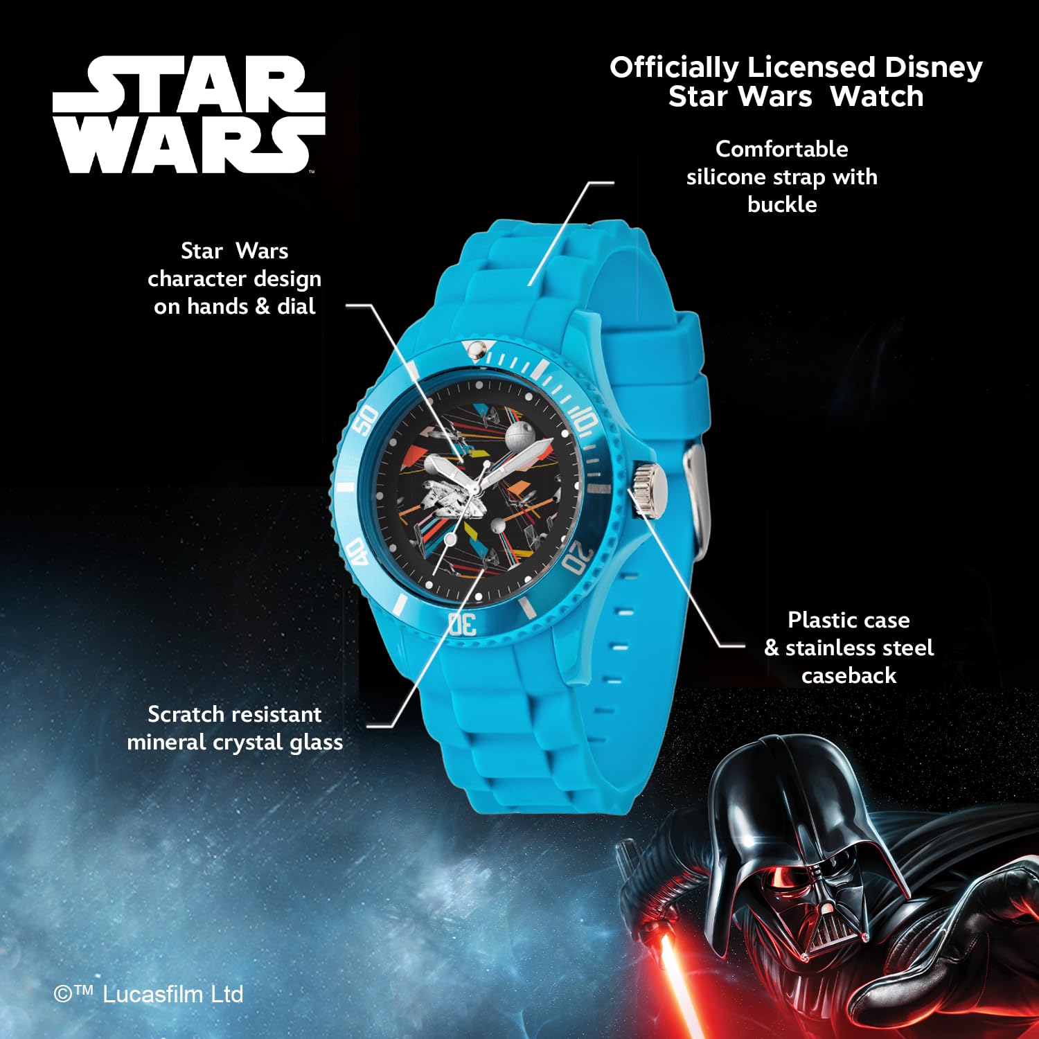 STAR WARS Orologio adulto, orologio analogico di plastica della cinghia di gomma del quarzo di sport, Blu, Plastica sportiva