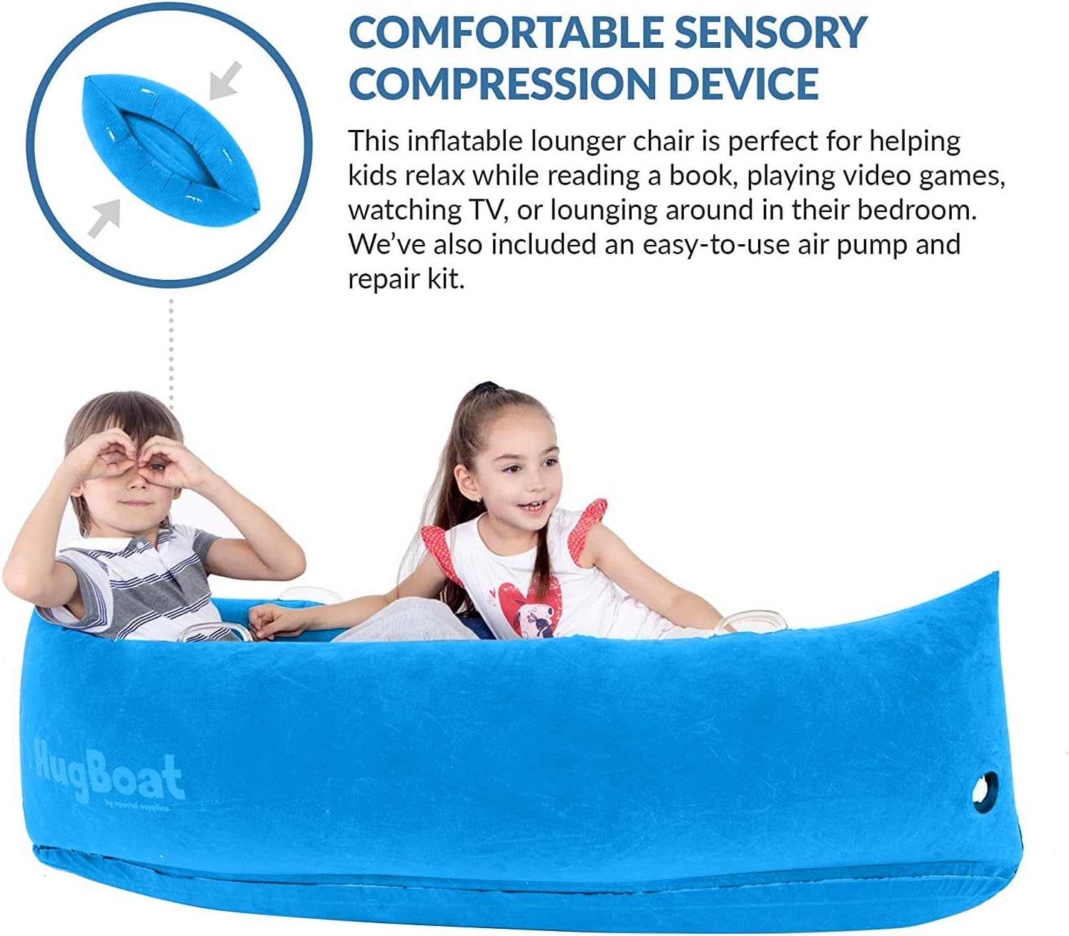 🔥 Cаѕhbасk uр tо 70% Special Supplies Inflatable Compression Boat Lounger for Kids, Sensory Needs Therapy and Reading Lounger, Air Pump and Repair Kit - Aqua