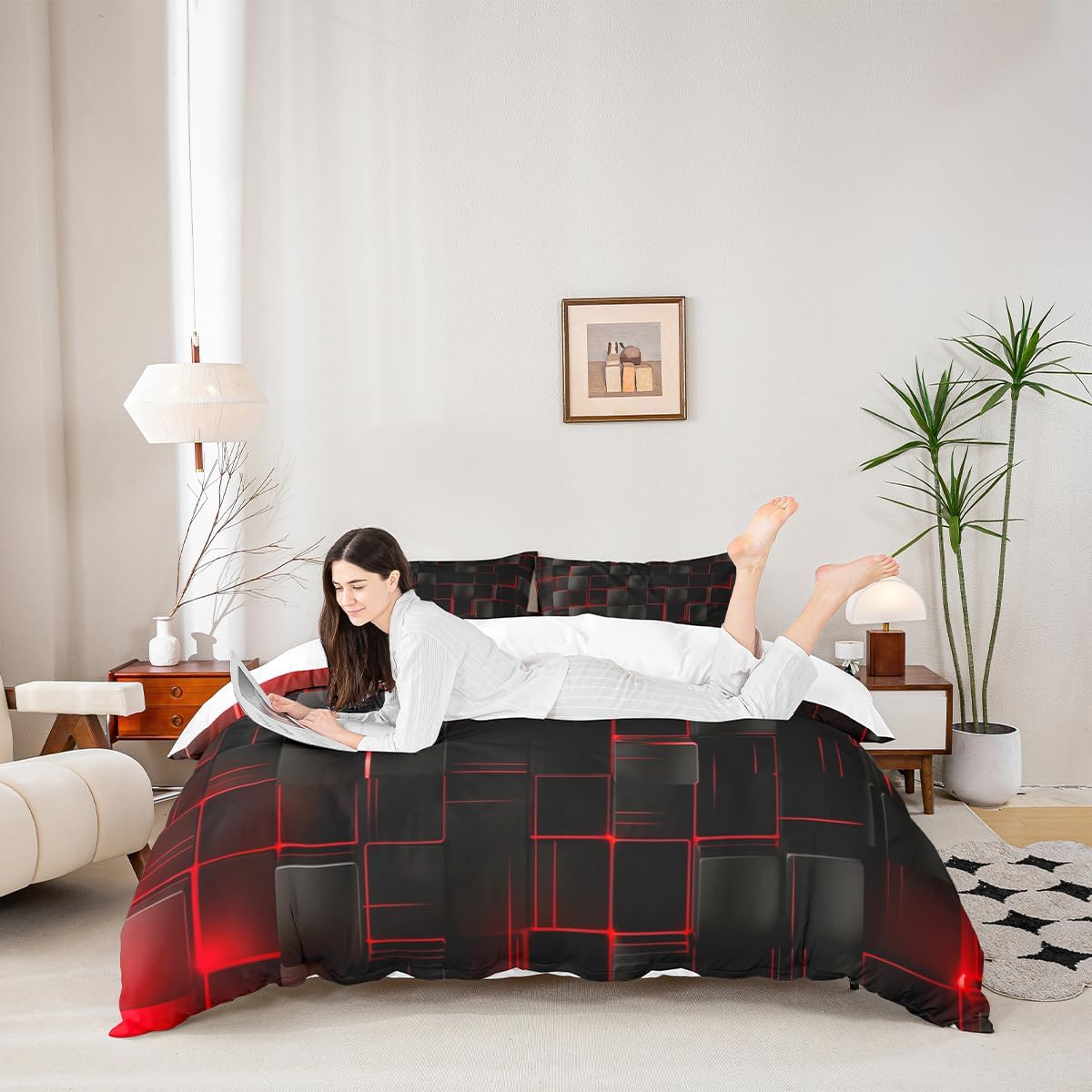 Manfei Geometric Grid Duvet Cover Set Twin Size, Red and Black Checkered Bedding Cover, Men Women Room Decor, Modern Abstract Check Plaid Square Bed Sets for All Season, 1 Pillowcase, No Comforter