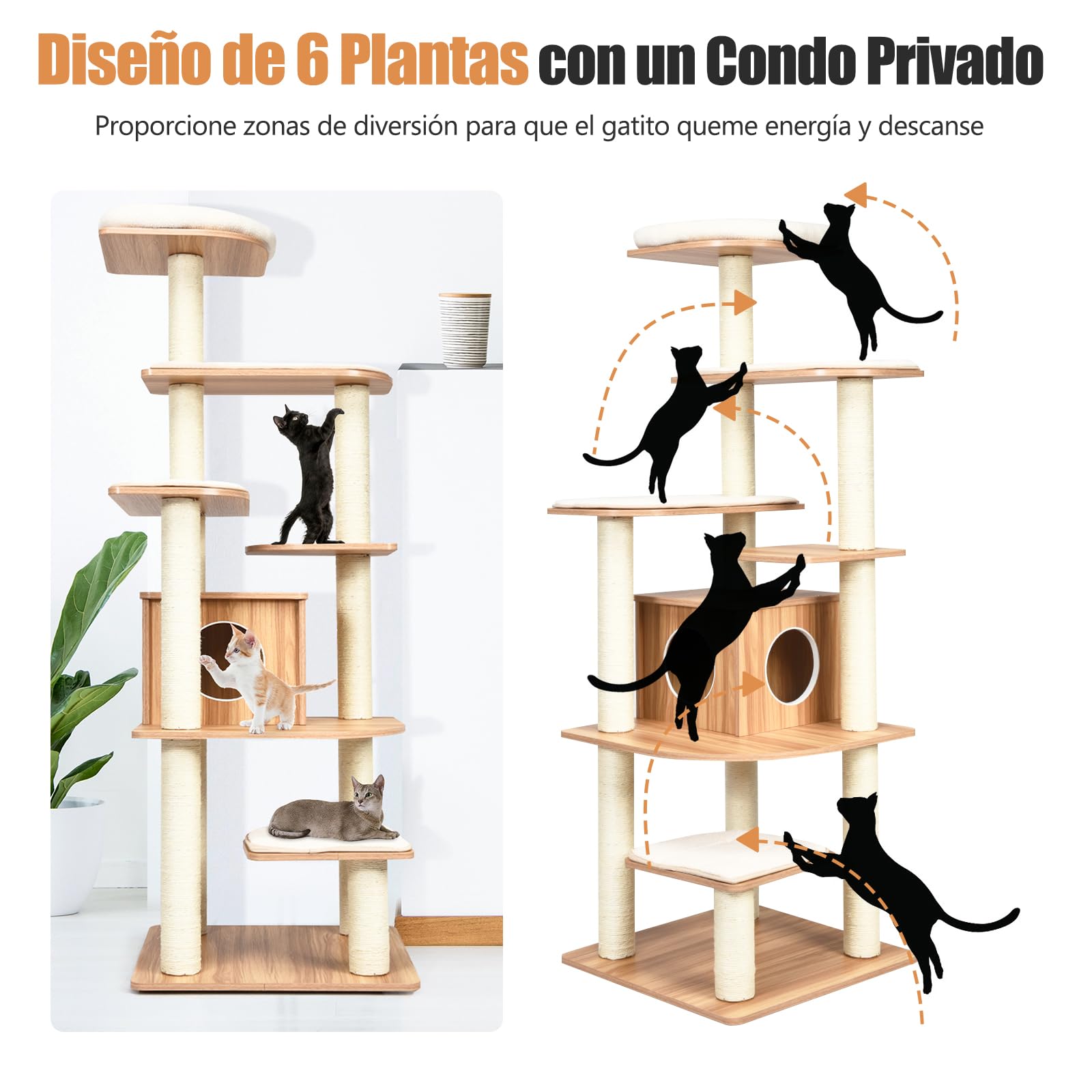 GOPLUS Árbol para Gatos de Madera de XXL 175 CM, Torre para Gatos de 6 Niveles con Poste Rascador de Sisal, Diseño Antivuelco, Cojines Cómodos, 59×49×140CM