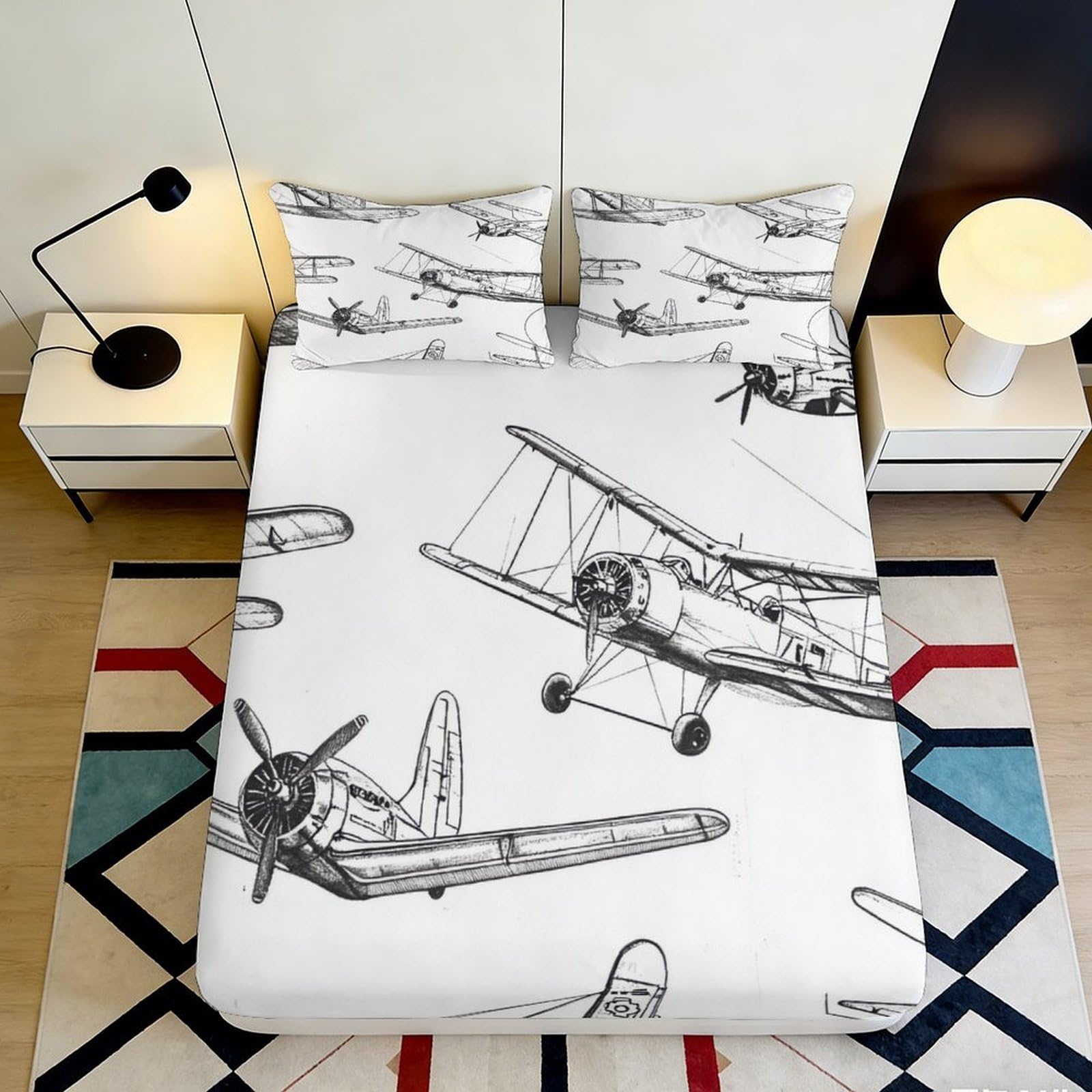 3D Printed Vintage Airplane Fitted Sheet Microfiber Deep Pocket Bedroom Bedding Vintage Airplane Mattress Fitted Cover Elastic Hem Home Mattress Protection 160x200x25cm
