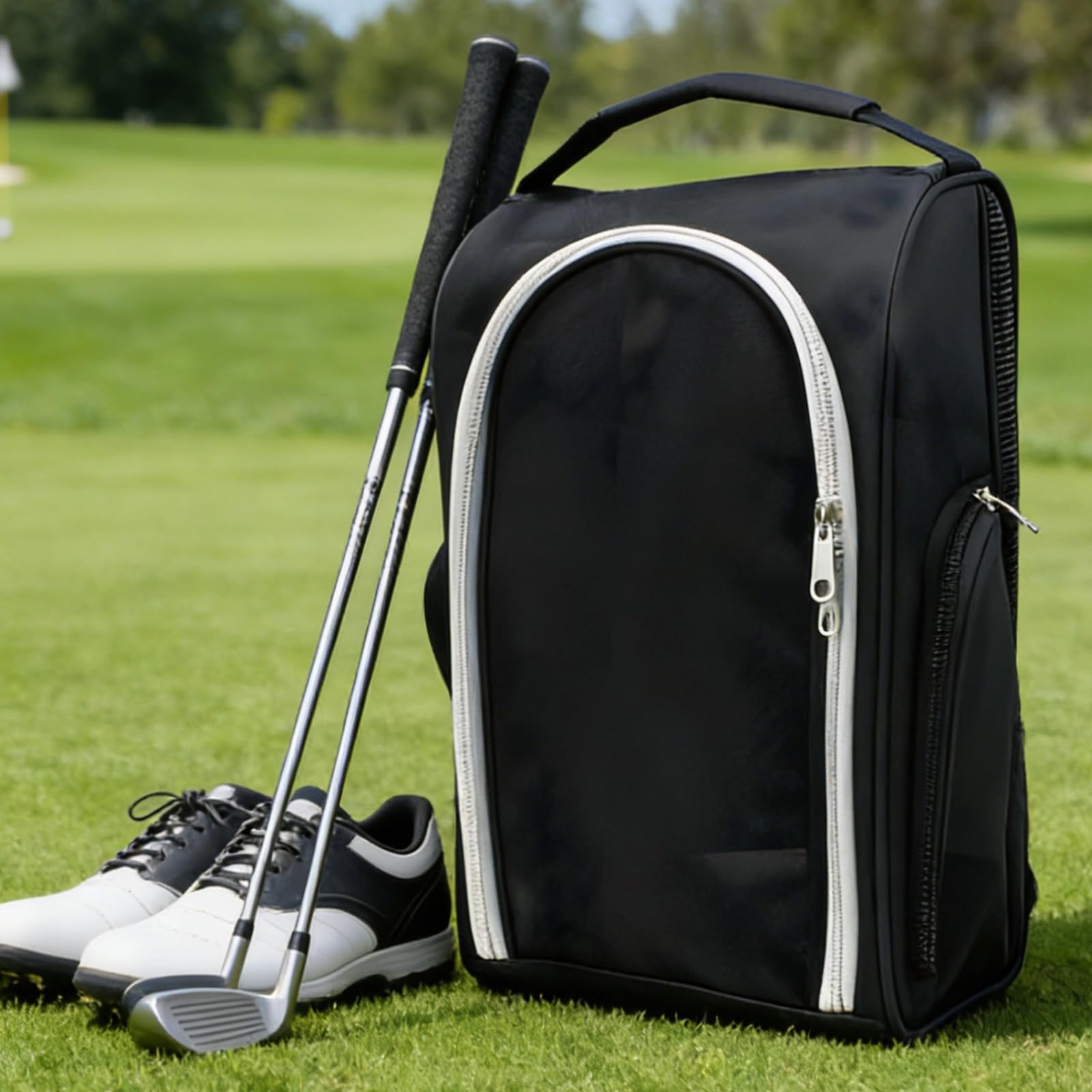 2 STK. Golfschuhbeutel, tragbare Canvas-Sportschuh-Tasche mit gebogenem Reißverschluss, viel Stauraum für Schuhe bis Größe 14, Netzbelüftung und Seitentasche, Schwarz