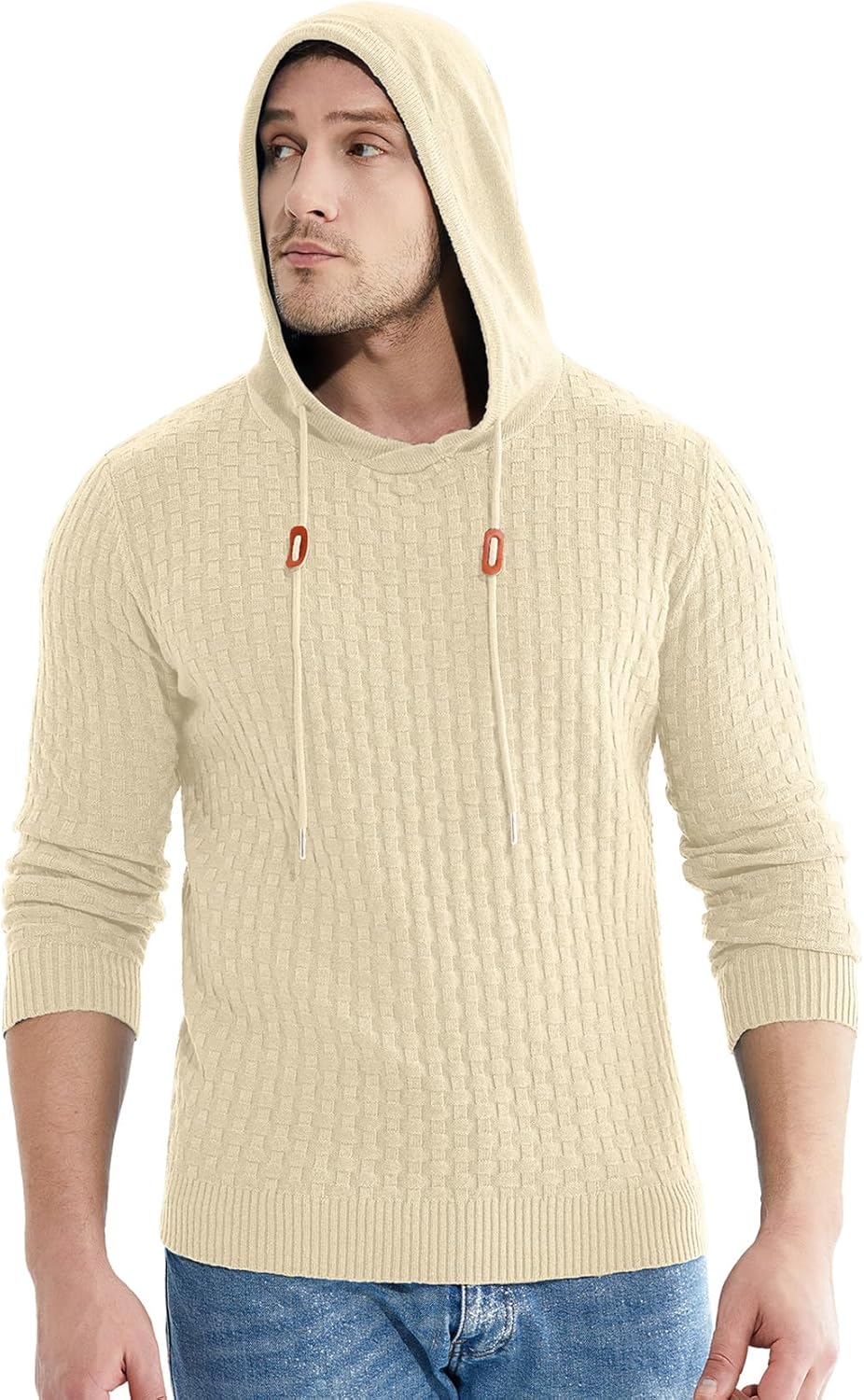 Askdeer Men's Pullover Sweater Long Sleeve Waffle Knitted Sweater Casual Soft Hoodie Pullover Sweaterwith Ribbing Edge Beige - Image 3