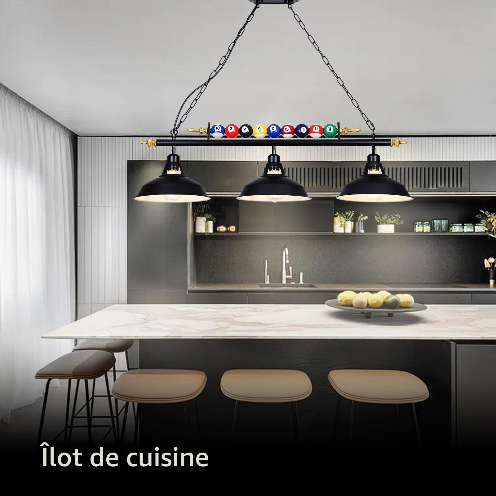 KEELED Lustre Billard Industriel - 3 Abat-Jour Noir Mat 98cm
