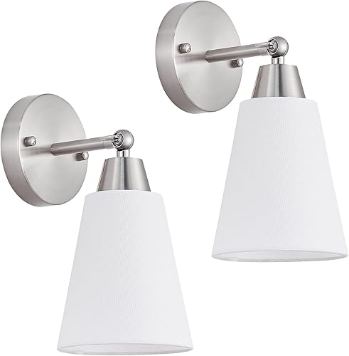 Miniatura 1 de Juego de dos apliques de pared de níquel cepillado, modernos apliques plateados con pantalla de tela blanca, accesorios de baño sobre espejo, luces