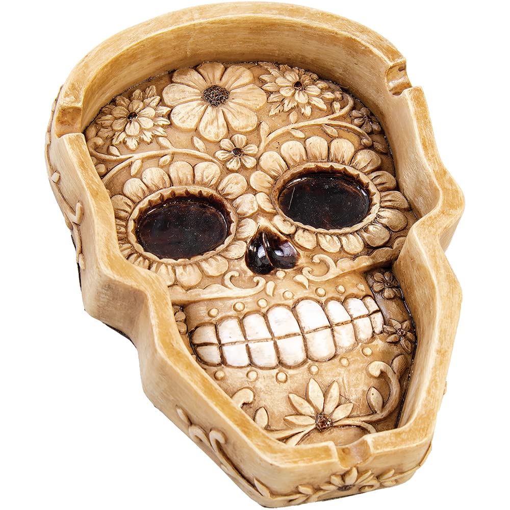 Big 7" Sugar Skull Ashtray by Fujima for Outdoor/Indoor/Patio/Home Decor - Ash Holder for Smokers Cigarettes - Unique Design, 7 x 5 Inches