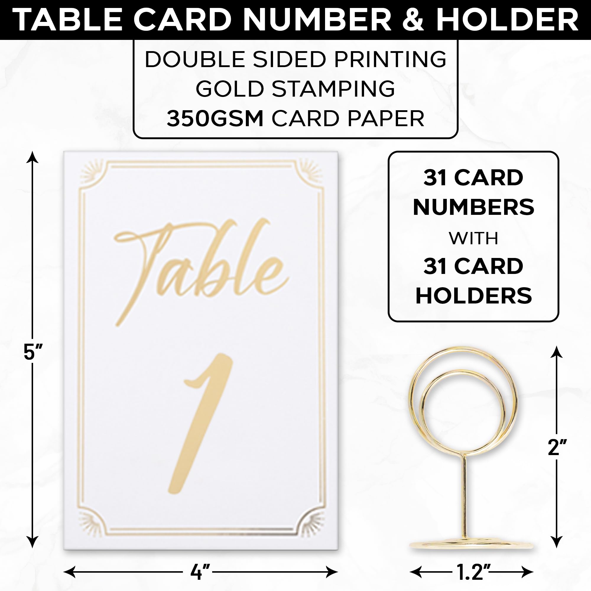Gold Table Numbers 1-30 with Table Number Holders and Head Table Card - Elegant 4 x 6 Inch Place Seating Sign with Highly Visible Numbers for Wedding Reception, Restaurant, Anniversary, Birthday Party