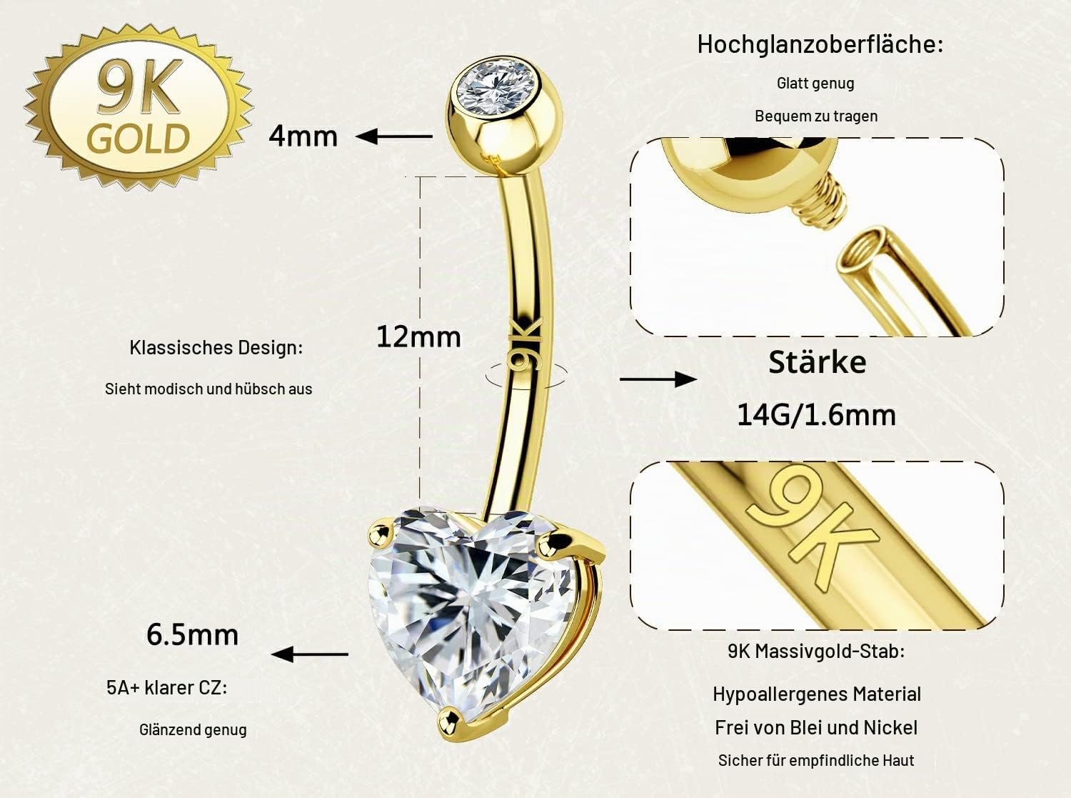 OUFER Body Piercing Internally Thread Bauchnabelpiercing 9K Solid Gold Belly Piercing Heart Cubic Zirconia Bananabells Körperschmuck Piercing Bauchnabelpiercing nabelpiercing 10mm 12mm 14mm 16mm