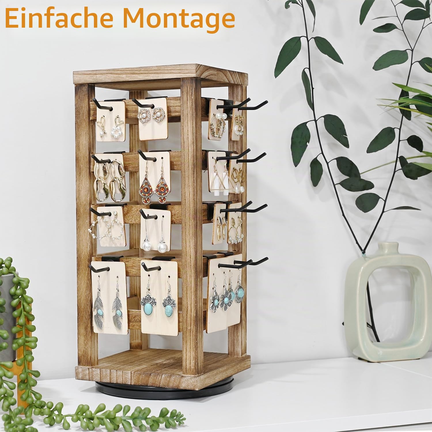 Ikee Design Schmuckaufbewahrung aus natürlichem Holz, drehbar, mit 42 Haken, Holz-Zubehör-Turm, Eichenfarbe, 19,1 cm B x 19,1 cm T x 39,9 cm H