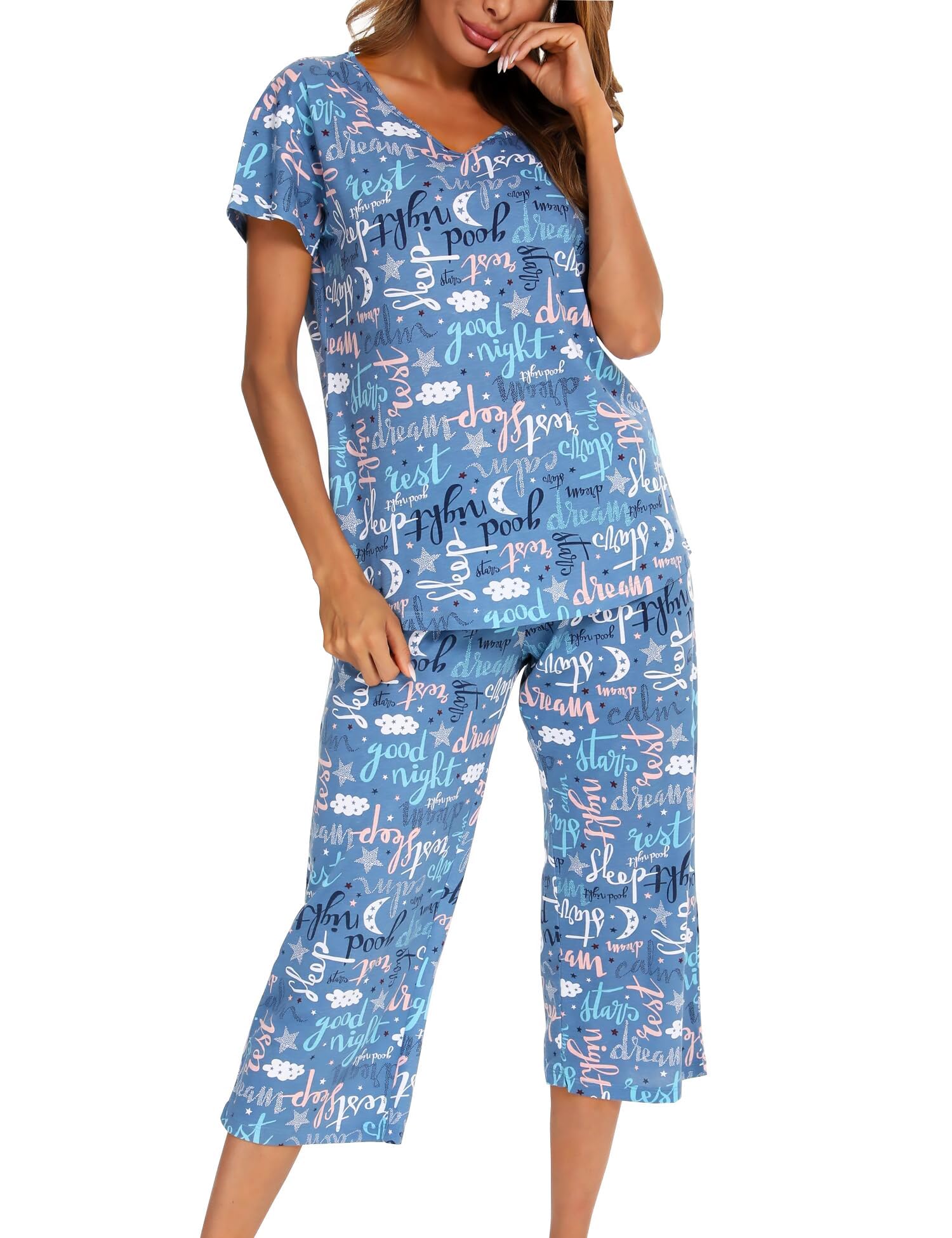 ENJOYNIGHT Conjunto de pijama corto para mujer, ropa de descanso de algodón, lindo estampado, ropa de dormir con pantalones capri