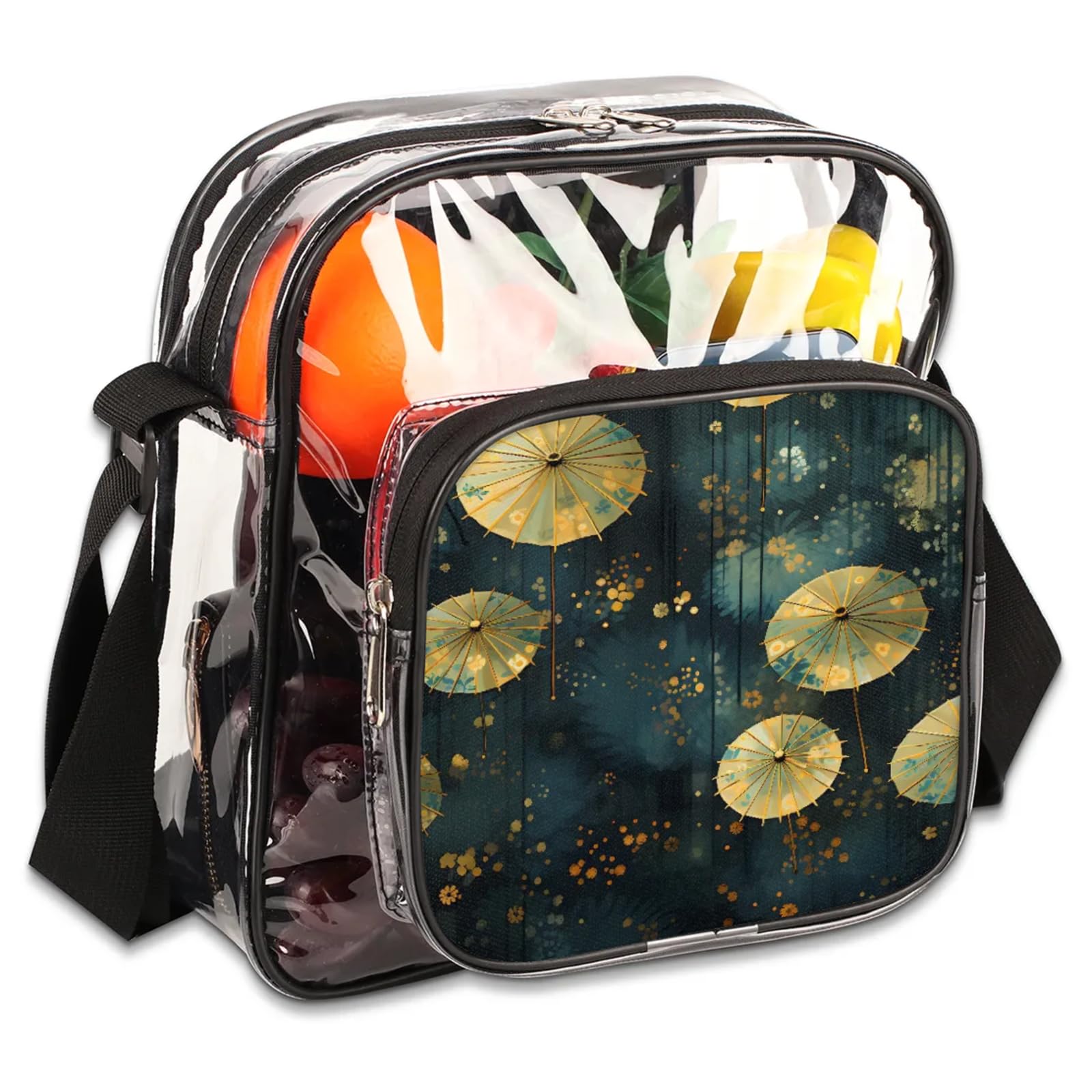 Clear Crossbody Bag Stadium Approved Japanese Umbrella Transparent Bag for Festivals, Sports Events, Concerts,Beach Bag for Women Men Clear Purse with Front Pocket Messenger Bag with Adjustable Strap