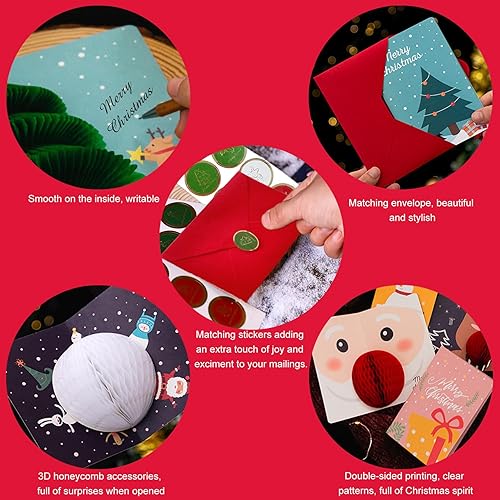 Miniatura 6 de Pop Up Christmas Cards with Envelopes Sealing Stickers, Sets of 6 Fun 3D Honeycomb Xmas Cards, Cute Merry Christmas Card Holiday Greeting Gift for