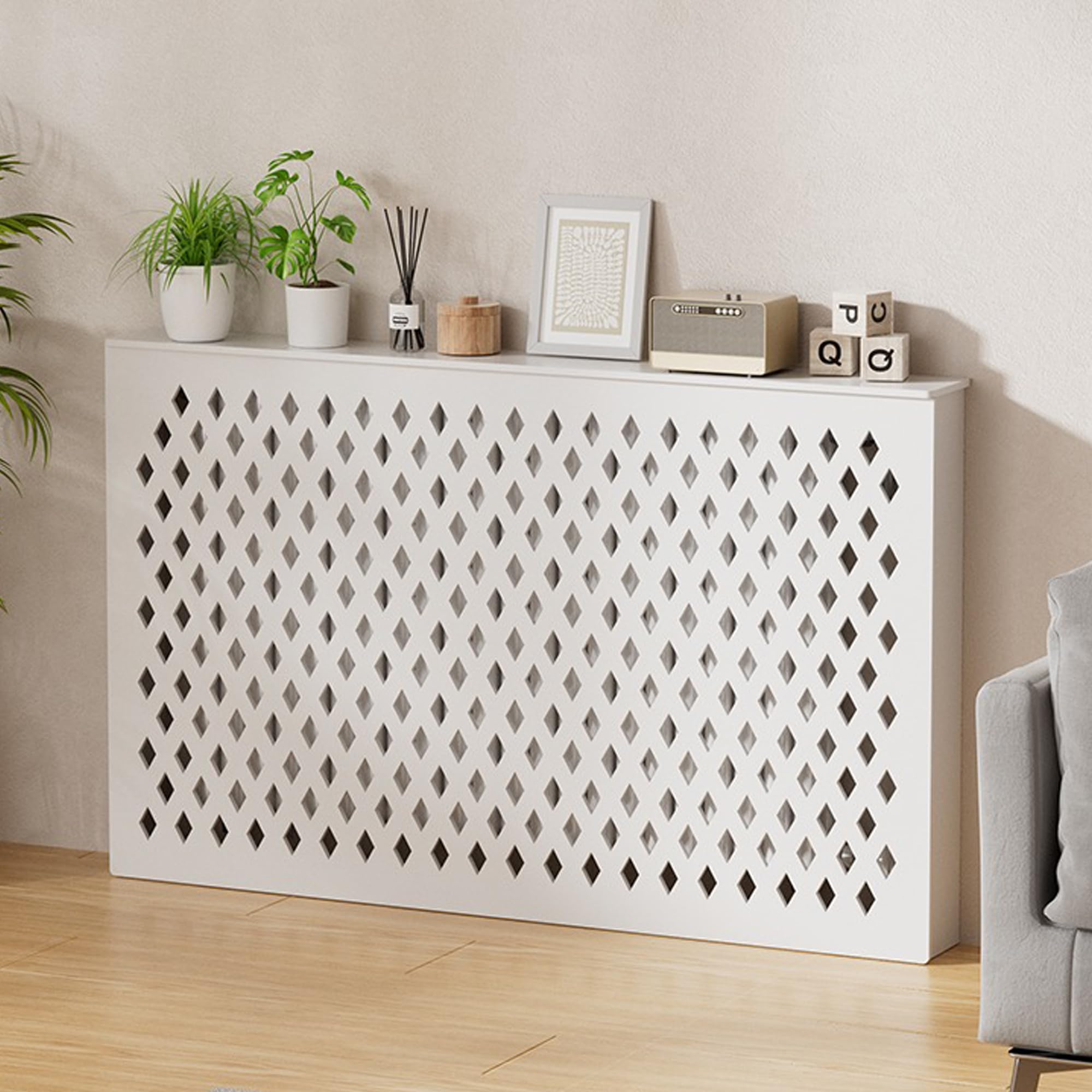 Copertura protettiva per termosifone, design traforato, mensola bianca per soggiorno, camera da letto, bagno, portaoggetti a pavimento