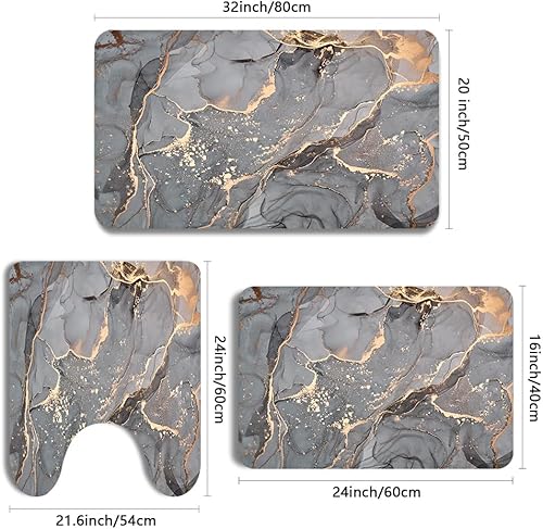Miniatura 2 de Juego de 3 tapetes de baño de mármol gris dorado, tapete de baño abstracto de secado rápido, alfombras de tierra de diatomeas con contorno en forma