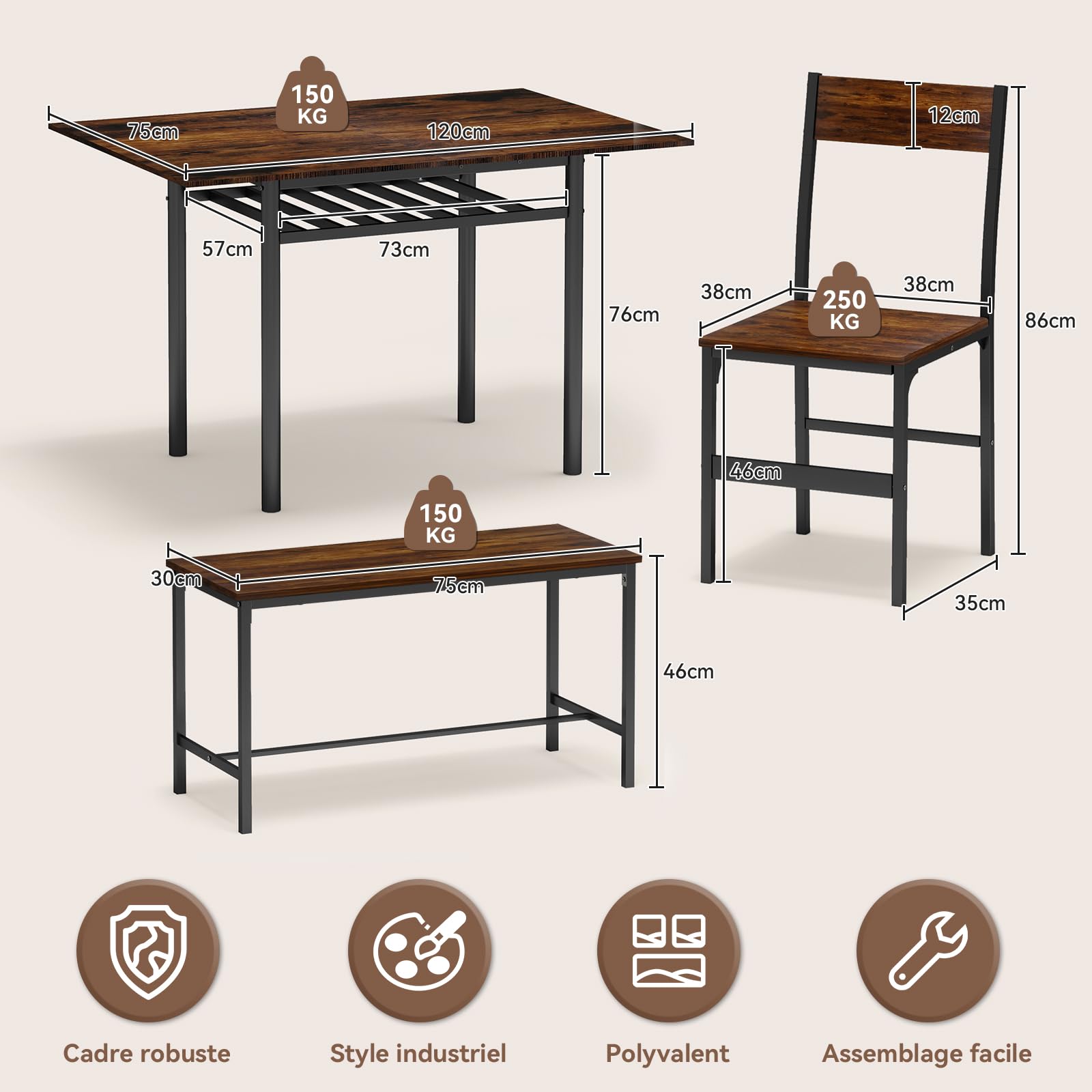 YU YUSING Table Pliante Extensible de Salle à Manger (60-120)x75x76cm avec 2 Chaises et 1 Banc - Ensemble de 4 Meubles - Bois et Métal - Marron Rustique