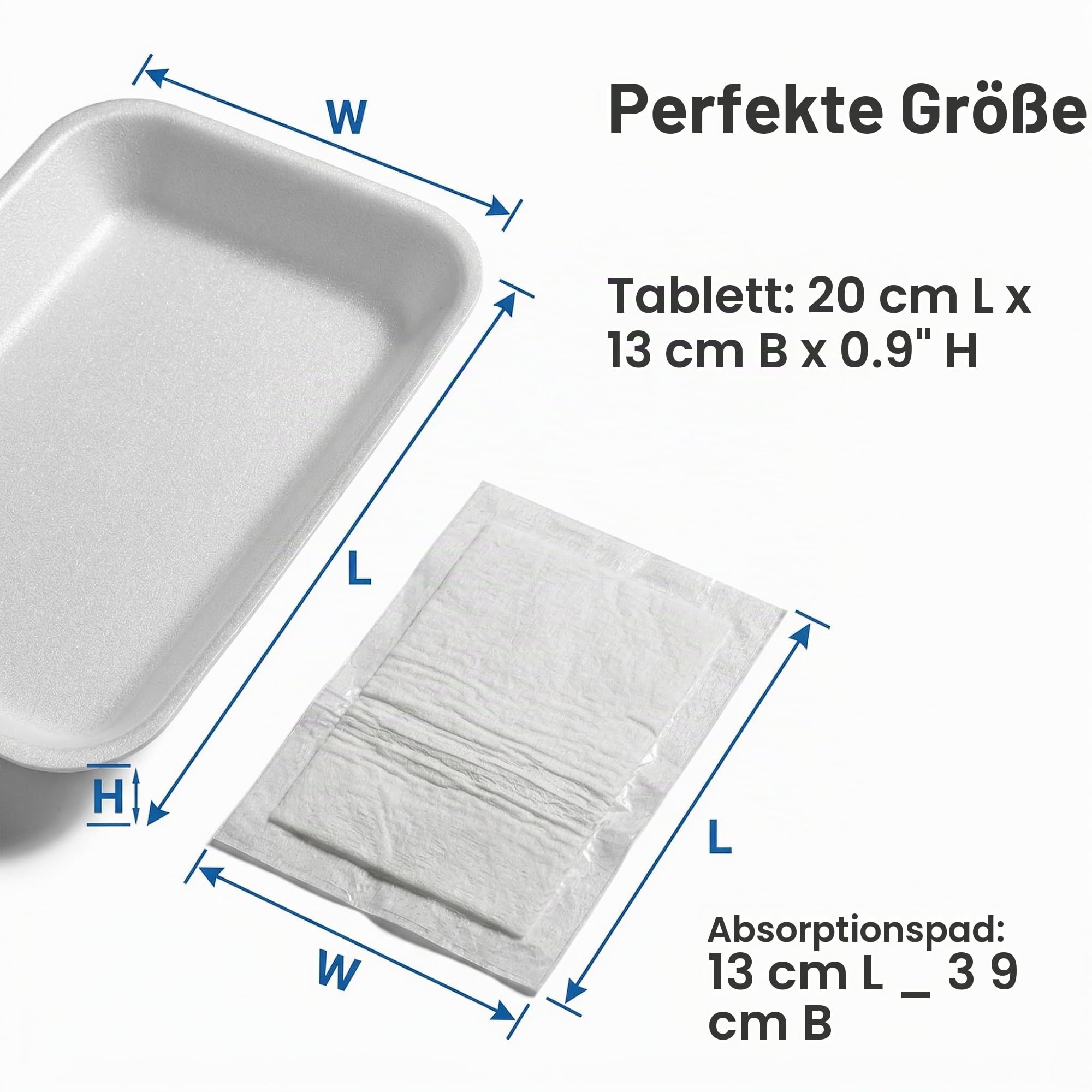 Weiße Styropor-Tabletts (25 Stück/Set - 20 x 13 x 2,3 cm) mit weißem Fleischabsorbierer-Pad, Standard Supermarkt Einweg-Lebensmitteltablett