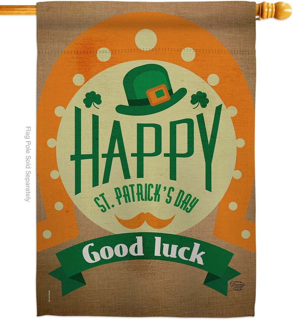 Good Luck St Patricks Day House Flag Springtime Patrick Shamrock Leprechaun Lucky Coin Holiday March Irish Clover Small Decorative Gift Yard Banner Made In USA 28 X 40