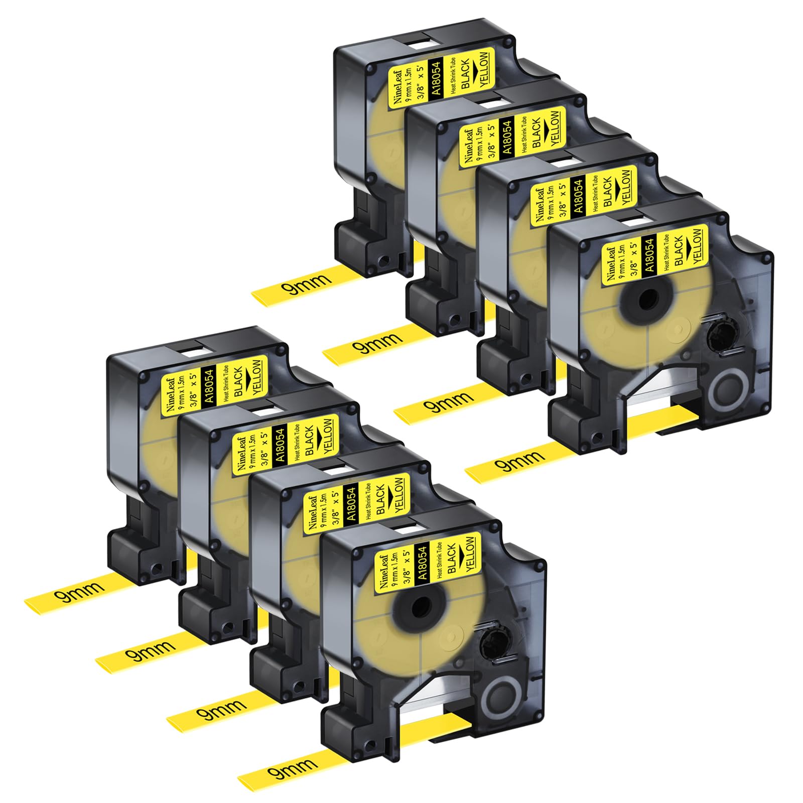 NineLeaf 8 Pack Compatible with DYMO Rhino Industrial Heat Shrink Tube Label 18054 S0718290 Black on Yellow 9mm x 1.5m Self-Adhesive Label Tape for DYMO Rhino 3000 4200 5000 5200 6000 Label Maker
