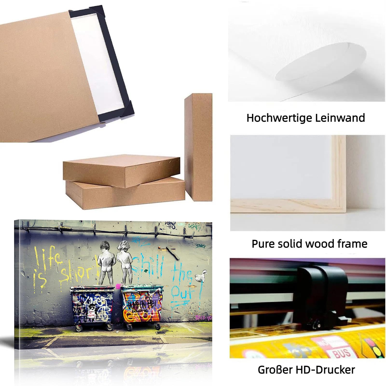 Banksy Bilder Leinwand Life is Short Wandbild 100x60 cm Graffiti Streetart Bilder Leinwand Bild XXL Wanddeko Poster Pop Art Bunt Kunstdruck für Wohnzimmer Schlafzimmer Dekor Mit Rahmen