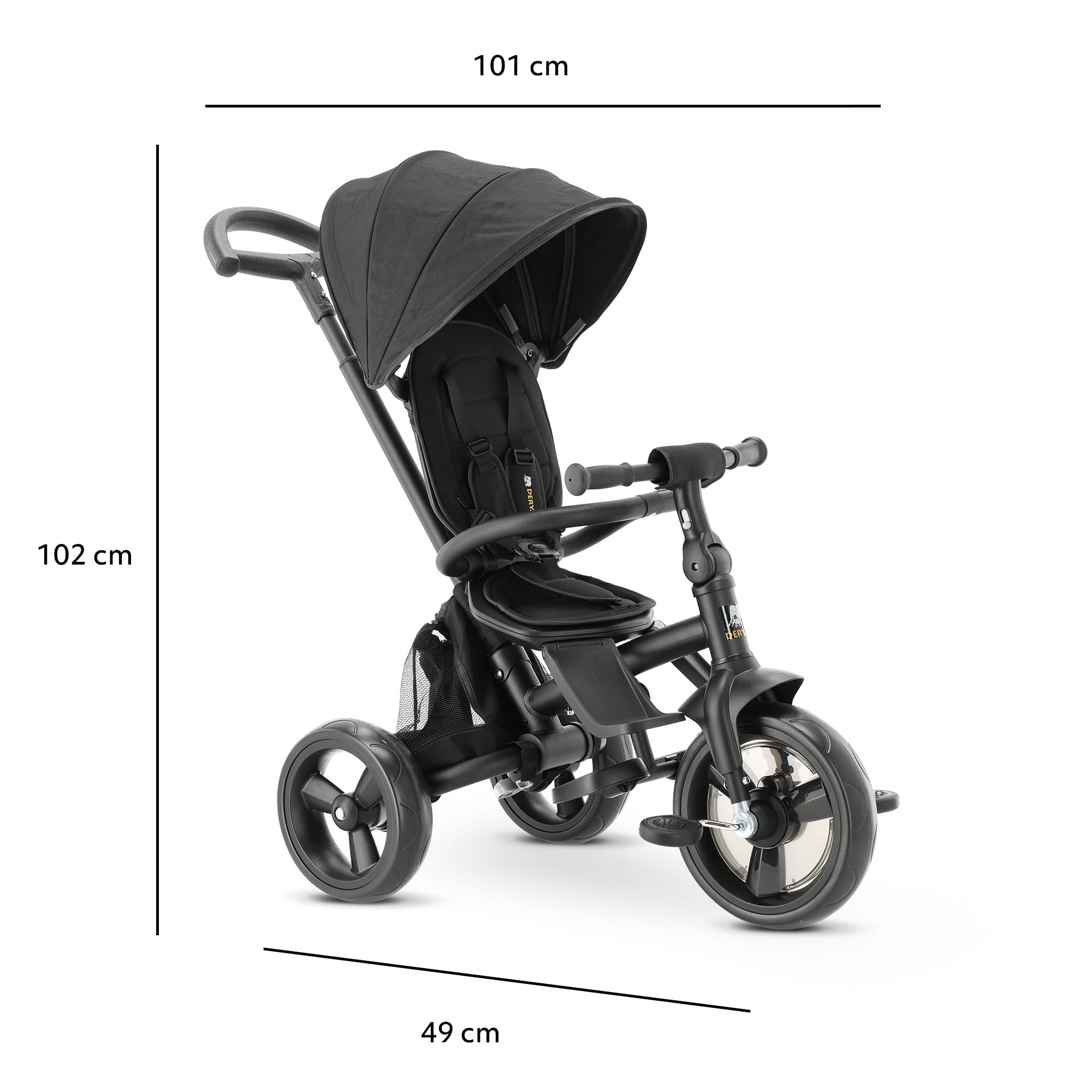 Deryan Explorer Dreirad ab 9 Monate bis 25 kg - Kinderdreirad mit schubstange - Kompakte zusammenklappen - drehbarer Sitz Vorwärts und Rückwärtsfahrt - ausklappbarem Verdeck mit sonnenschutz - Schwarz