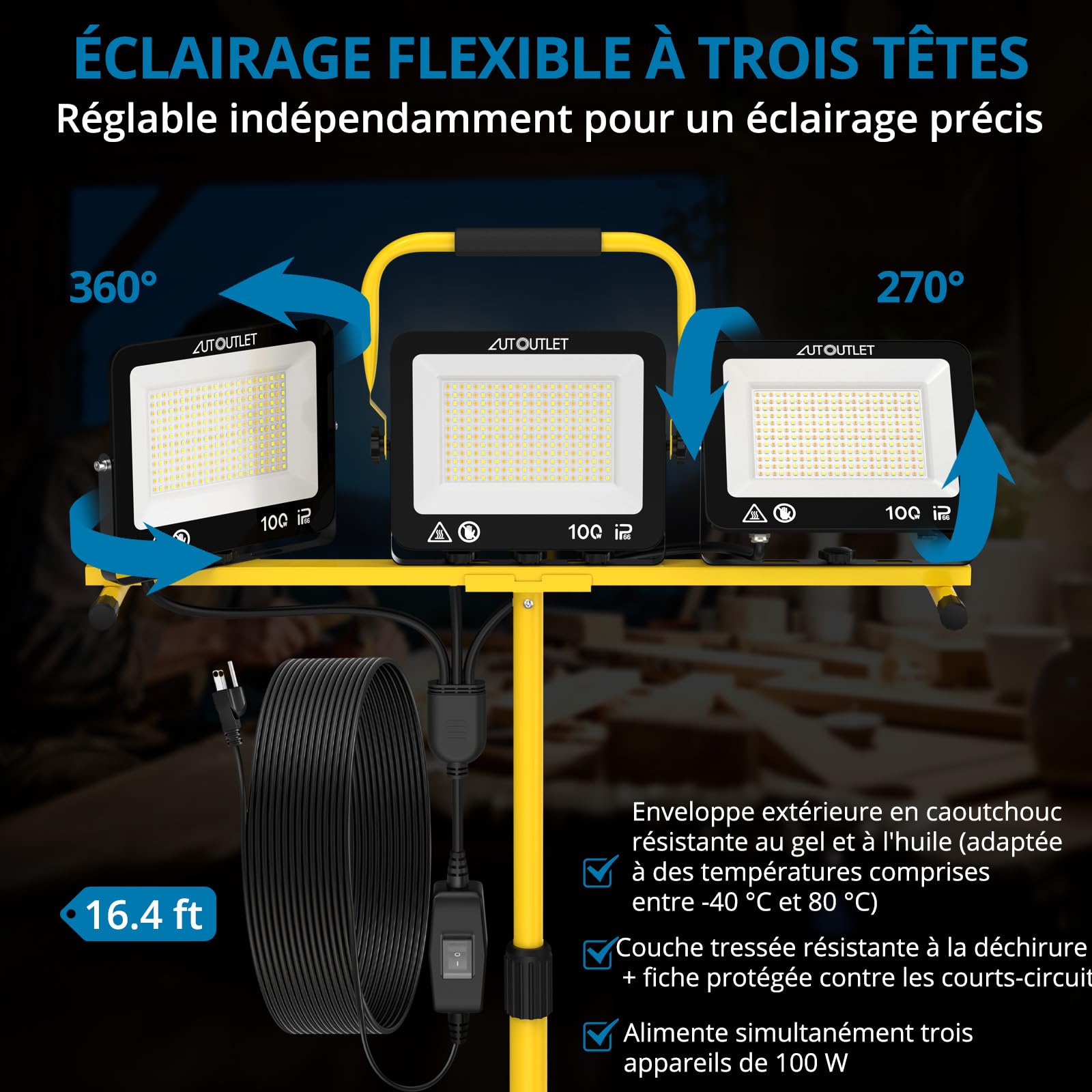 Projecteur Chantier LED 3X100W Sur Trépied 27000LM 3 Couleurs IP66 Câble 5M | AUTOUTLET 3 Modes de Température de Couleur 19000LM Lampes de Travail à LED Trépied Réglable Étanche IP66