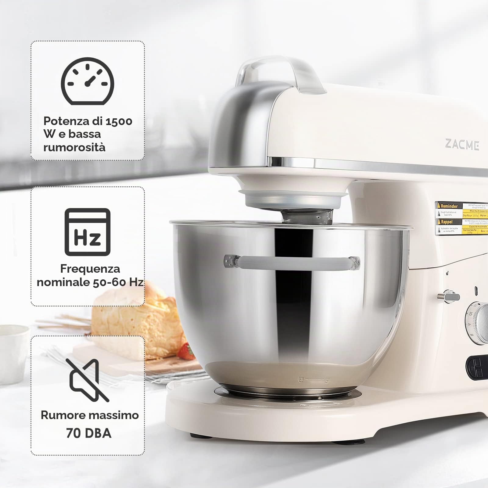 ZACME Pastaio Elegance Impastatrice Planetaria a Presa Diretta, Robot da Cucina Mixer, Display LCD,11 velocità,1500 W, 7 Litri, Acciaio, Metallo, Bianco
