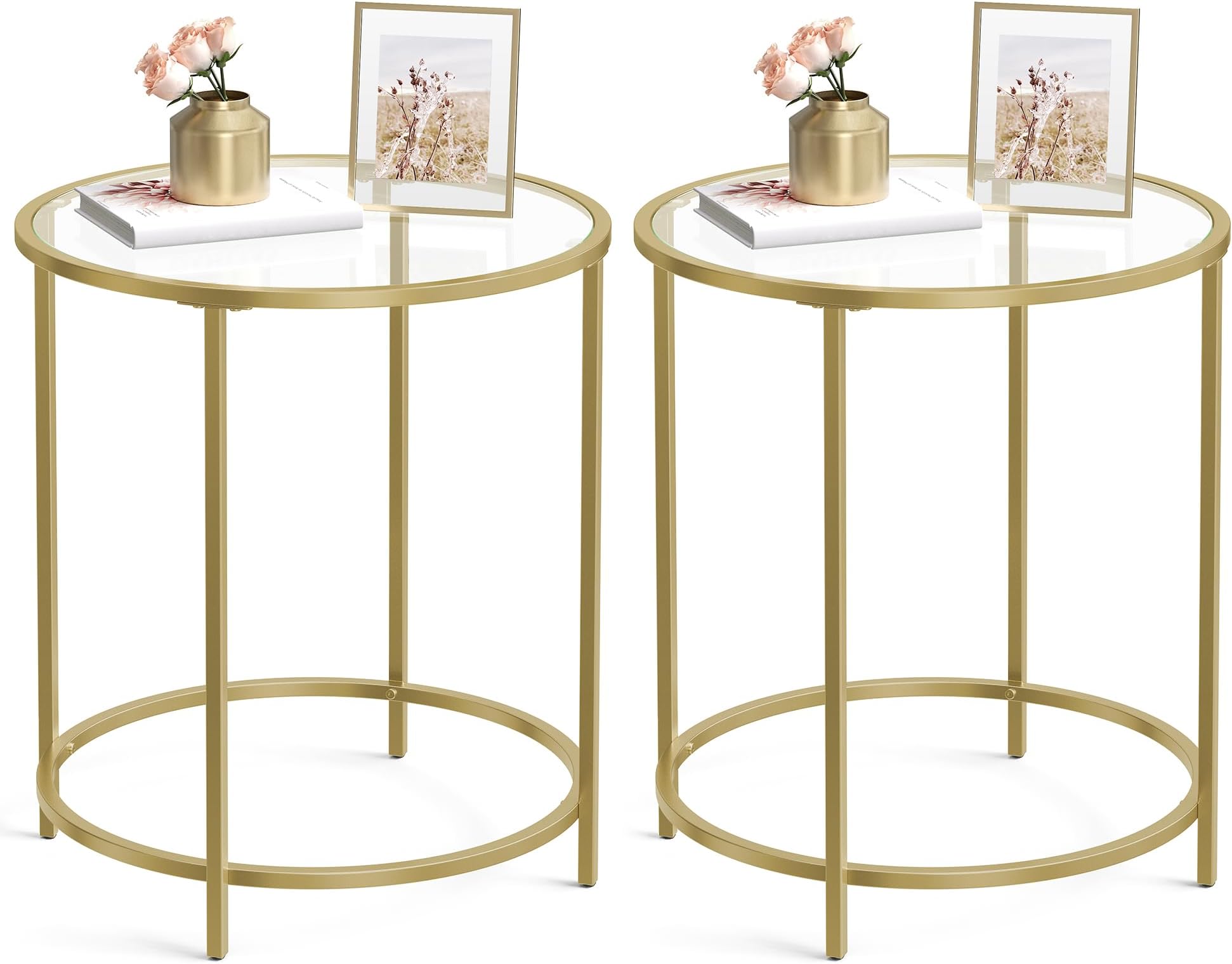 Round Side Tables, Set of 2, Glass End Tables with Metal Frame, Gold Coffee Tables with Modern Style, for Living Room, Balcony, Bedroom, Gold Color
