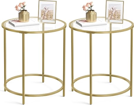 VASAGLE Round Side Tables, Set of 2, Glass End Tables with Metal Frame, Gold Coffee Tables with Modern Style, for Living Room, Balcony, Bedroom, Gold Color