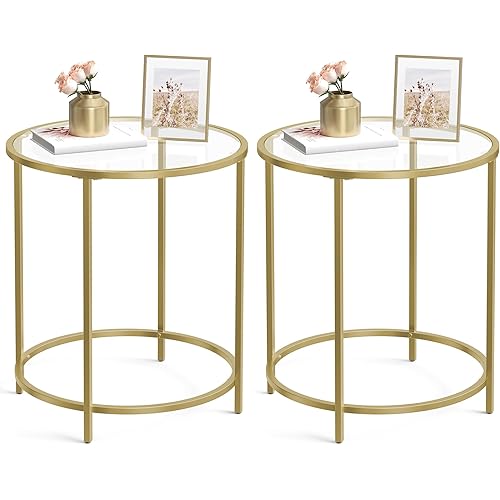 VASAGLE Round Side Tables, Set of 2, Glass End Tables with Metal Frame, Gold Coffee Tables with Modern Style, for Living Room, Balcony, Bedroom, Gold Color