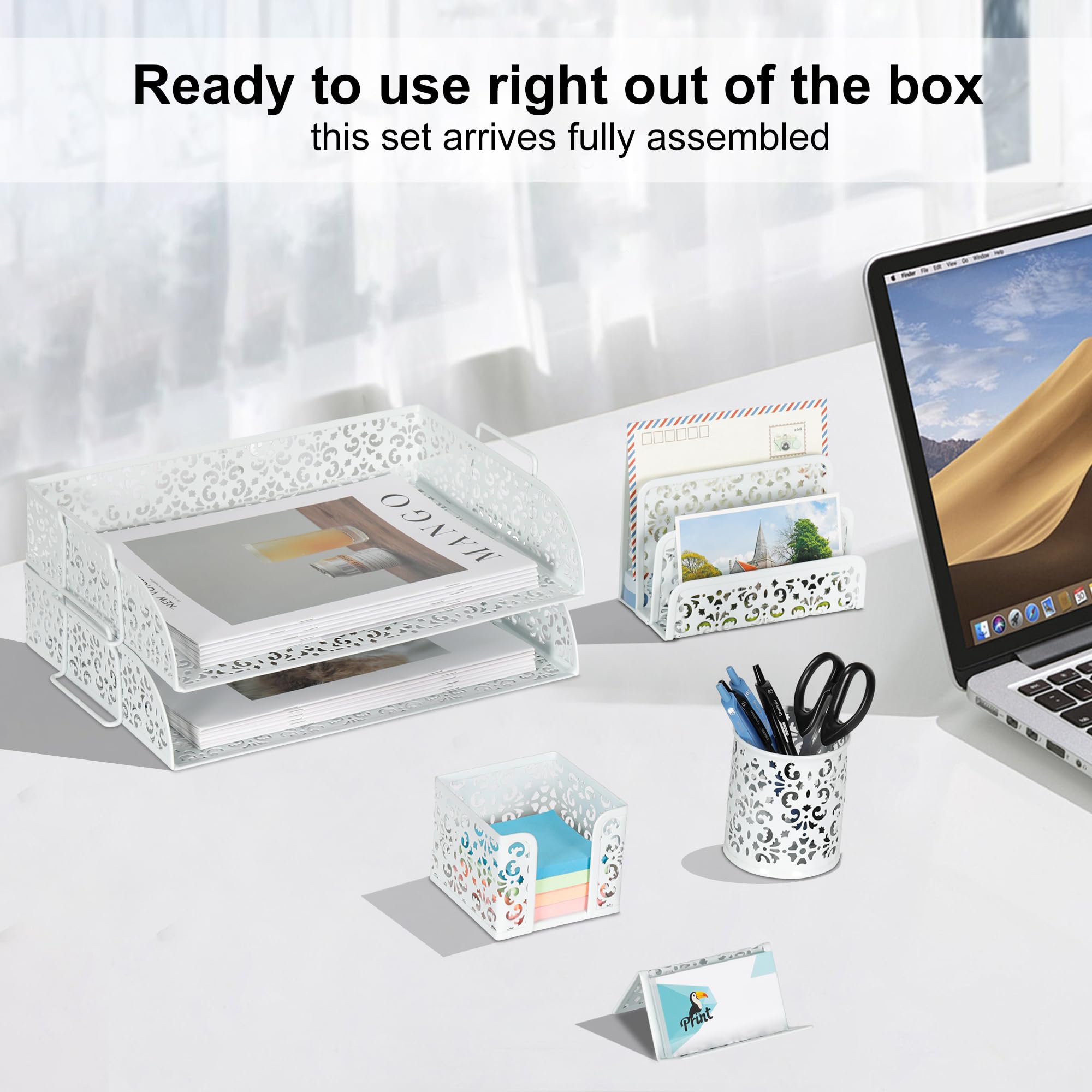 EasyPAG Set organizer da scrivania 5 in 1 – vassoio da scrivania impilabile a 2 livelli, selezionatore per lettere, portapenne, porta biglietti da visita e porta banconote, bianco