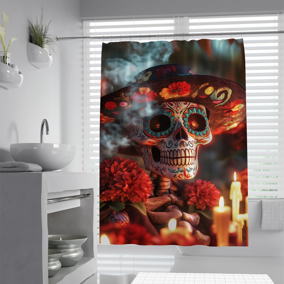 Colorful Gothic Sugar Skull Duschvorhang Day of The Dead Bad 200x220cm