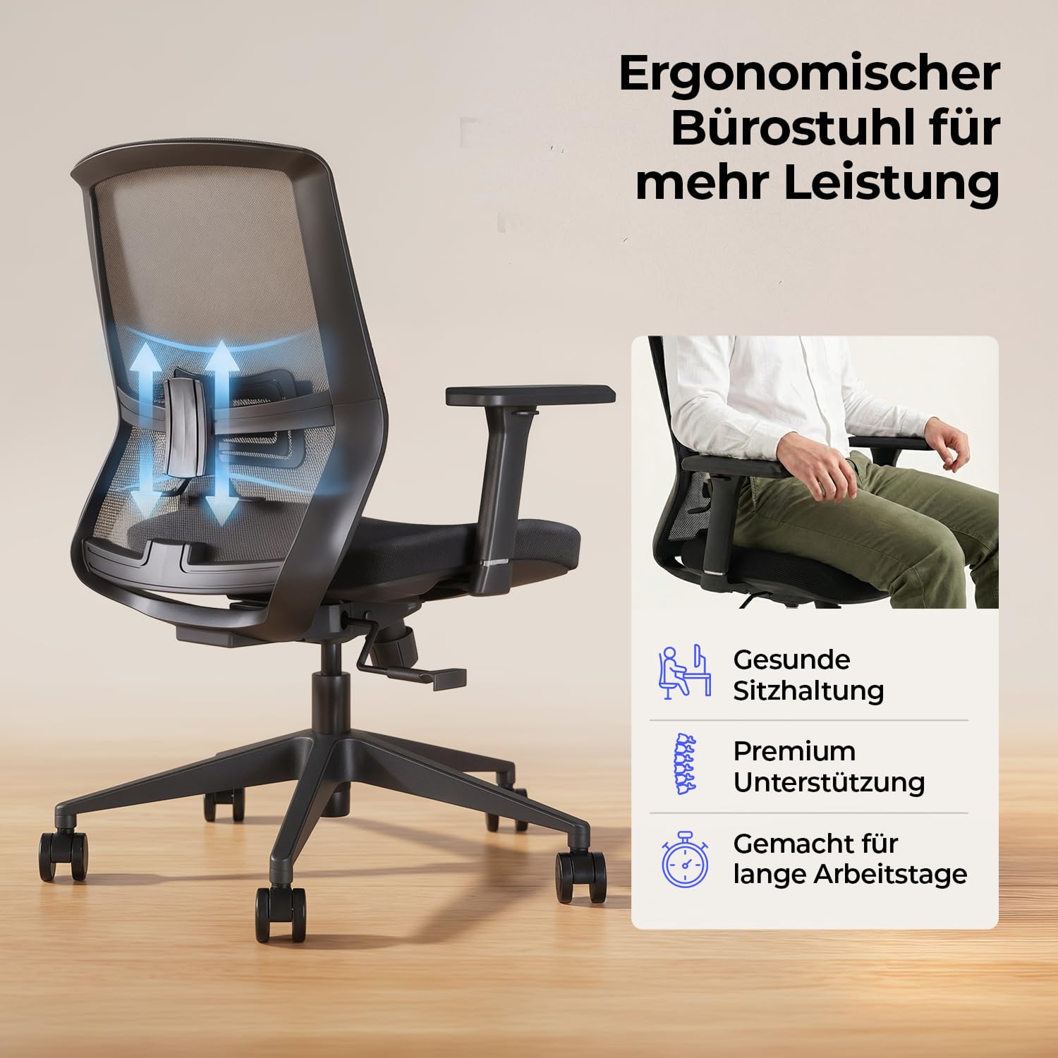 Stane Ergonomischer Bürostuhl für gesunde Sitzhaltung – Schwarz | Verfügt über leichtgängige Rollen und eine Feder für flexible Mobilität