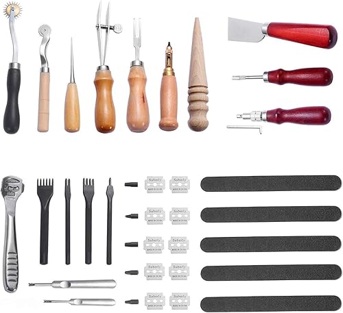 BANYOUR Kit de 29 piezas de artesanía de cuero para coser a mano, kit de herramientas de punzón de costura a mano de cuero con biselador de bordes,