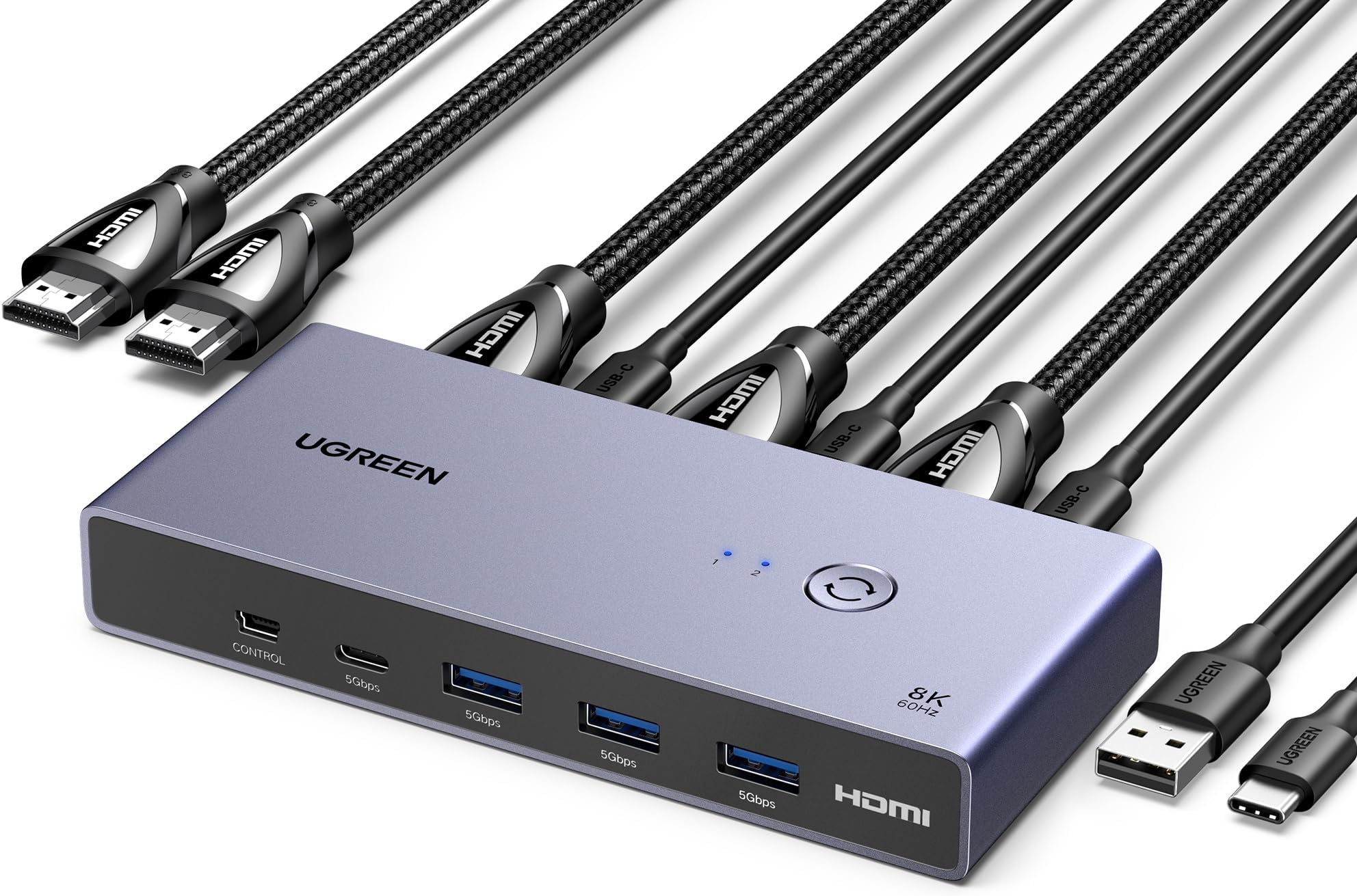 UGREEN 8K@60Hz HDMI KVM Switch, KVM Switcher Support 4K@120Hz, 4 Port USB3.0 Switcher [1 USB C and 3 USB A Port] for 2 Computers Share 1 Monitor and Keyboard, Mouse, Hard Drive, Printer