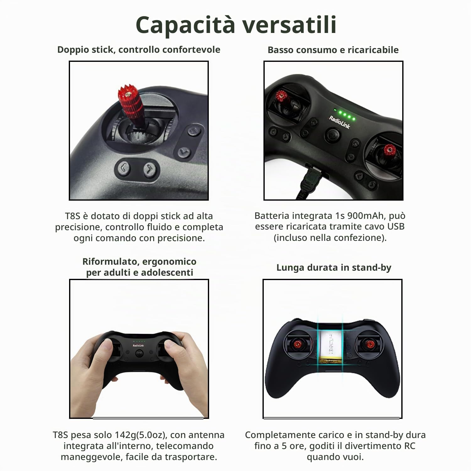 Radiolink T8S 8 Canali 2.4GHz RC Trasmettitore e Ricevitore R8EF RX, Telecomando e Controller Batteria Ricaricabile incorporata per Quad/Aereo/Auto/Barca e Altro Ancora (modalità 2 Mano Sinistra)