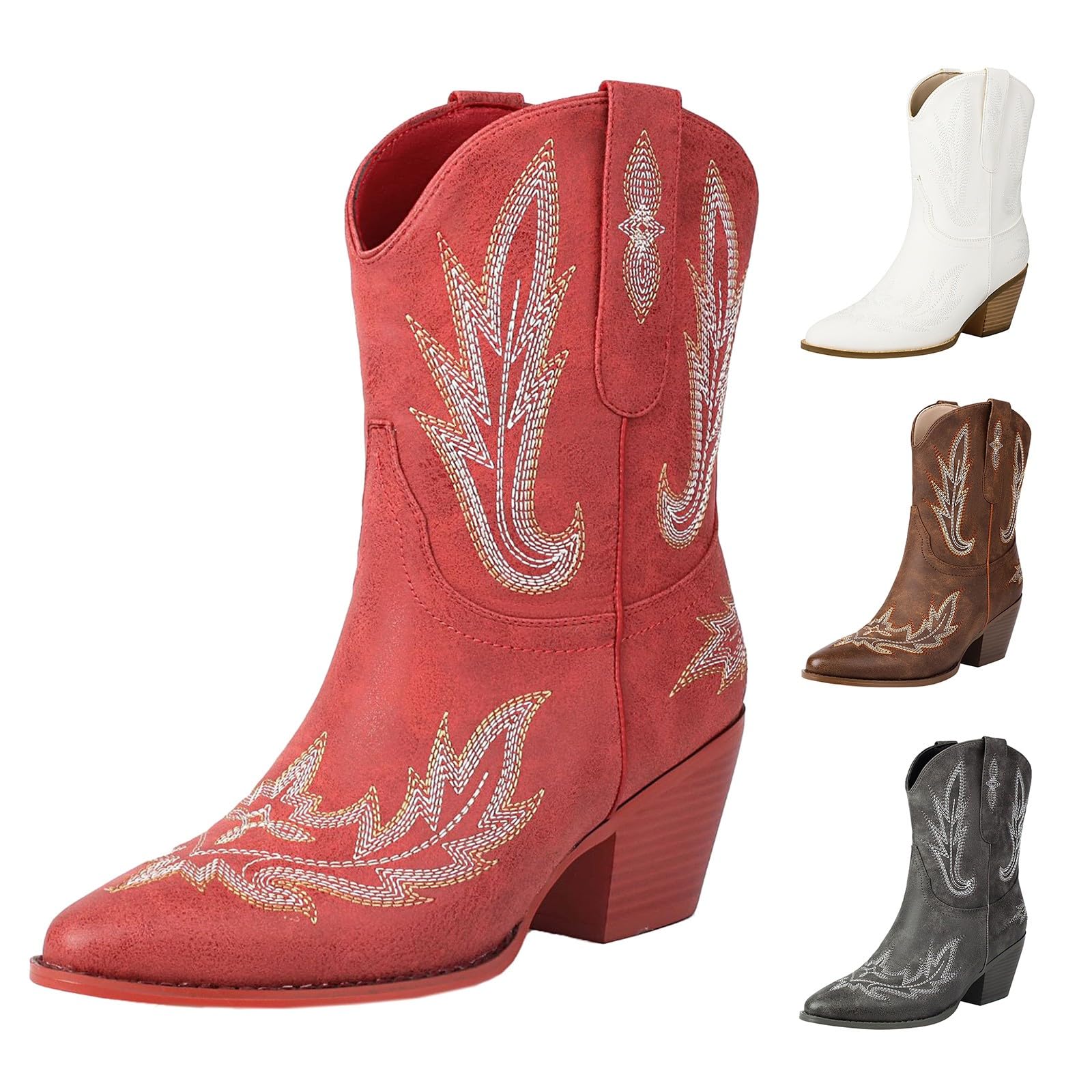 Stivali da cowboy da donna, vestibilità larga, con tacco medio grosso, punta a punta, stivali da cowgirl con ricamo occidentale stile country, stivali da donna classici in pelle PU, calzature
