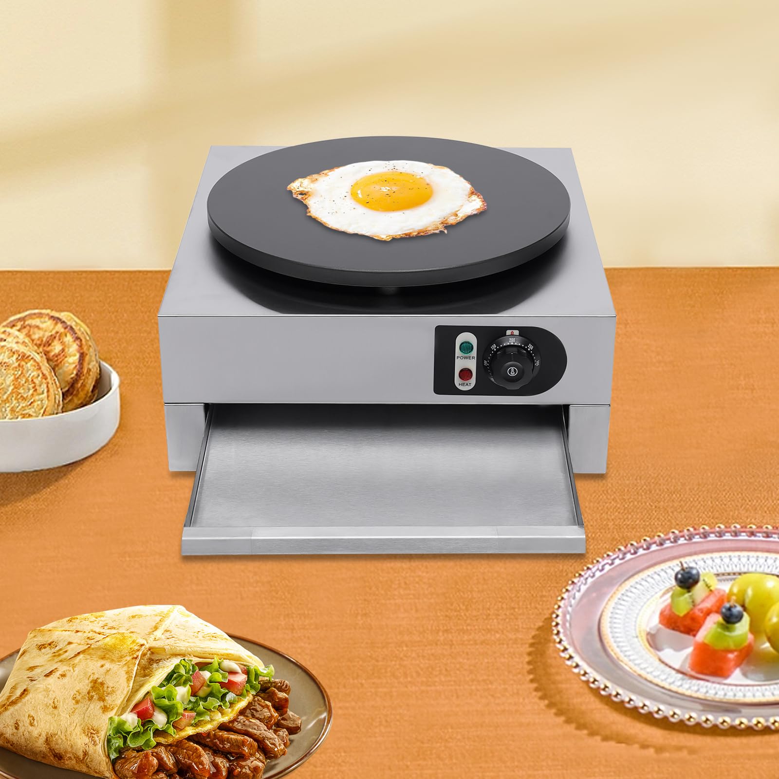Crepe eléctrico de cocina, hierro fundido, revestimiento antiadherente, regulador de temperatura, crepera, crepera, eléctrica, 40 cm, superficie de cocción para el hogar, hostelería, camión de comida