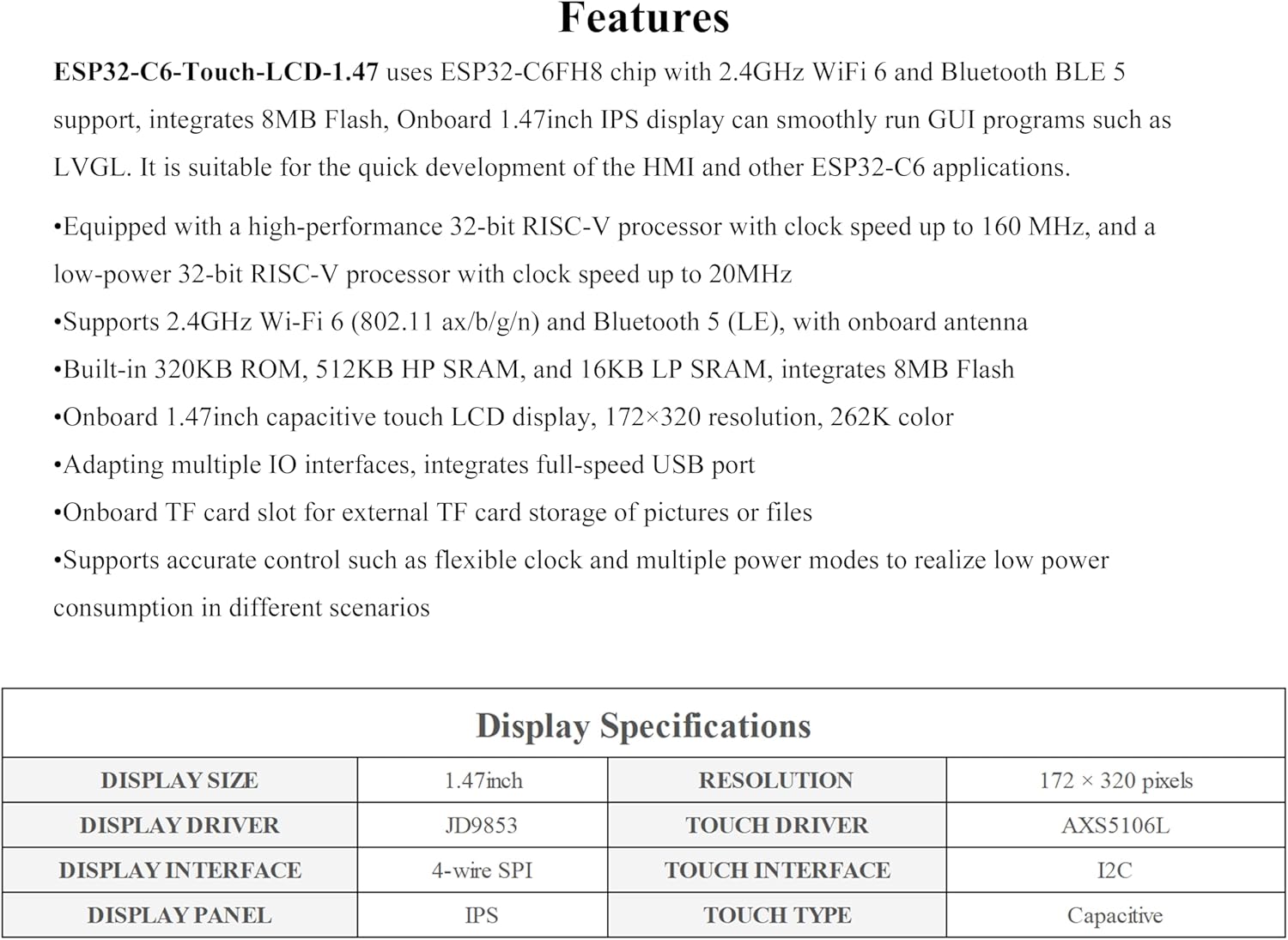 ESP32-C6 1.47inch IPS Touch Display Development Board, 172x320 Resolution, 262K Display Color, Supports W-i-F-i 6 / BLE 5, 160MHz RISC-V Processor,Smoothly Run GUI Programs -LVGL