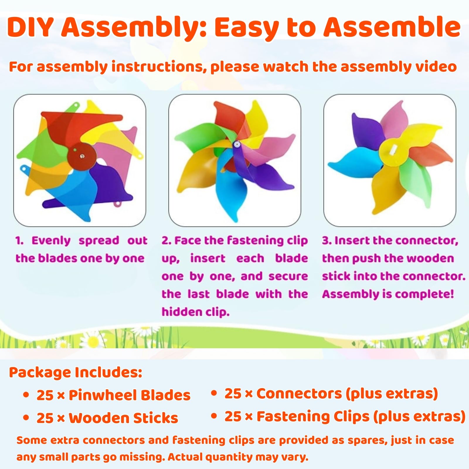 25 PCS Rainbow Flower Pinwheels, 17 Inch Plastic Colorful Windmills with Wood Sticks for Lawn Patio Garden Picnic Party Yard Decoration - Image 6